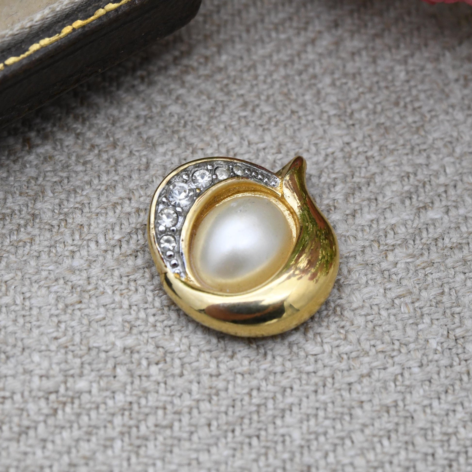 Vintage Trifari Pendant Gold Tone with Faux Pearl and Clear Stone Half Halo c. 1980s