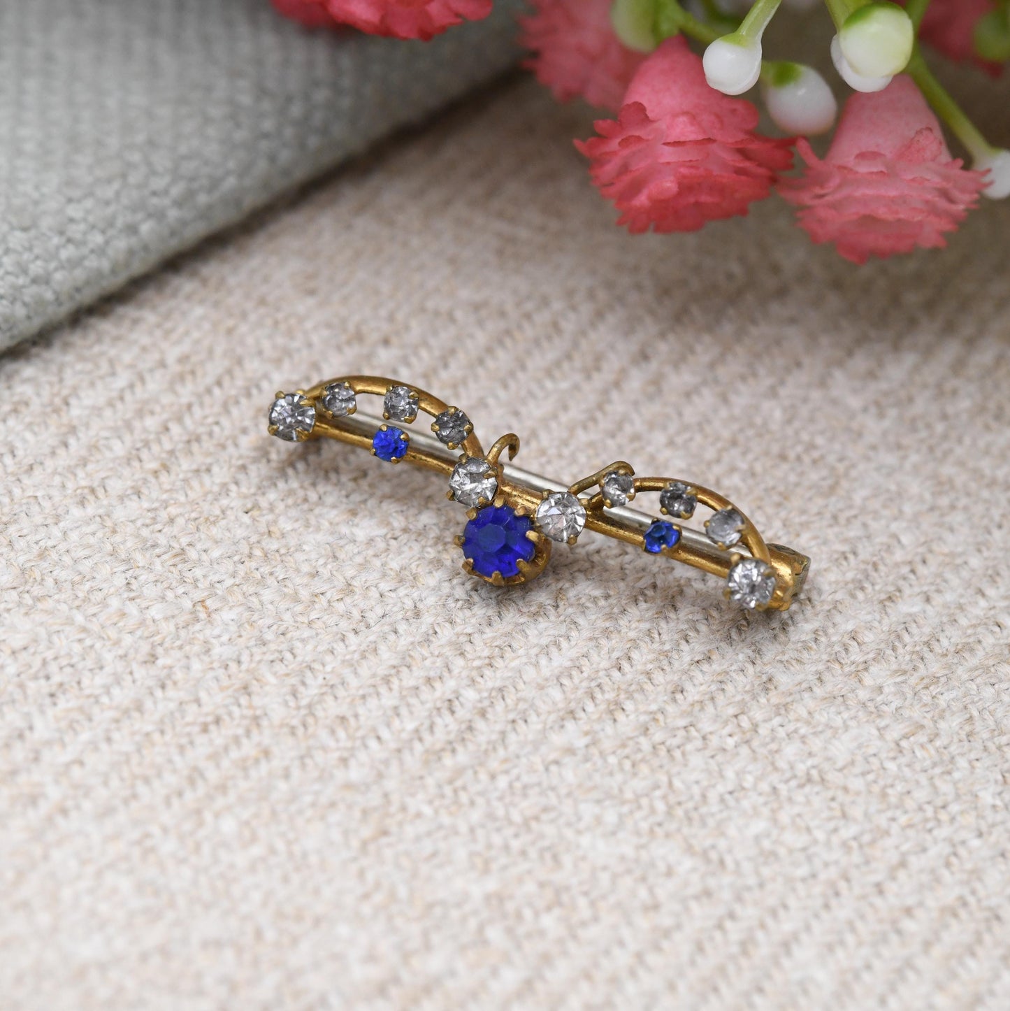 Antique Edwardian Paste Bar Brooch Blue and Clear Stones with Pendant Drop Loop