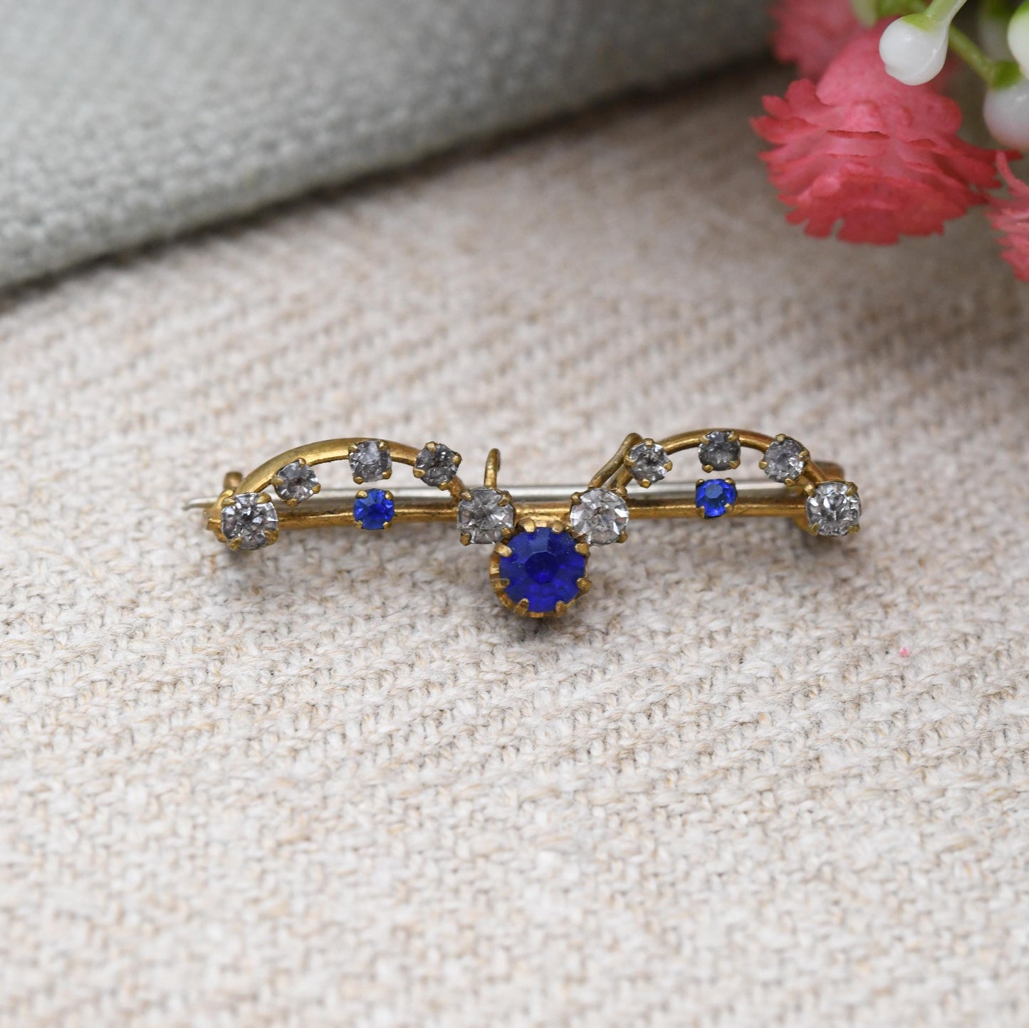 Antique Edwardian Paste Bar Brooch Blue and Clear Stones with Pendant Drop Loop
