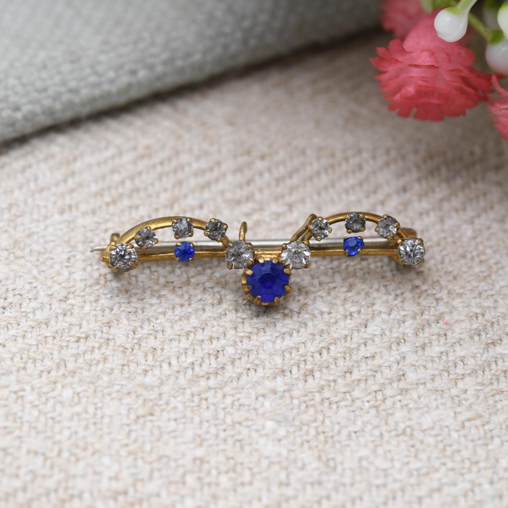 Antique Edwardian Paste Bar Brooch Blue and Clear Stones with Pendant Drop Loop