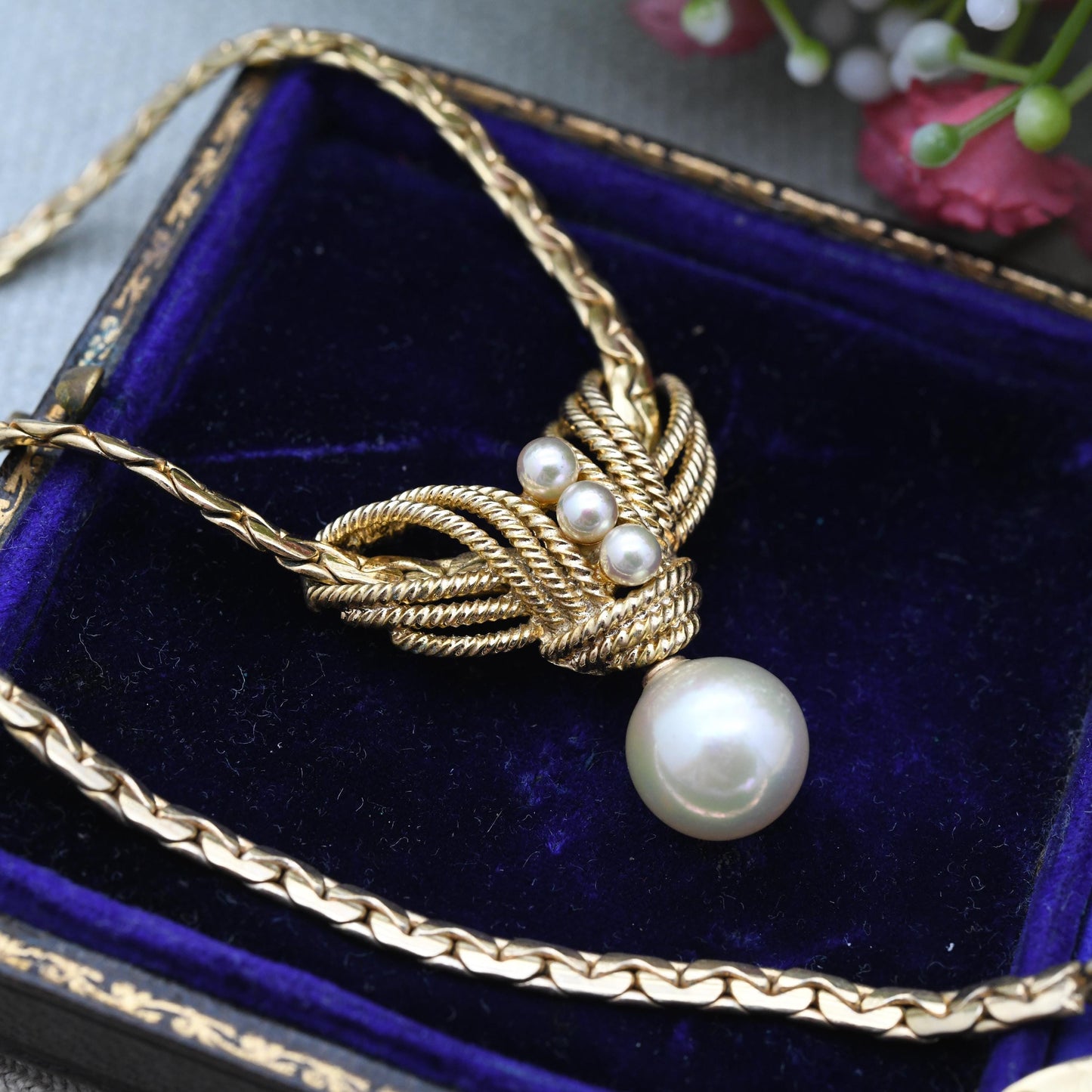 Vintage Grossé Faux Pearl Necklace 1965 German Designer Signed Jewellery - Gold Plated Woven Drop Integral Pendant