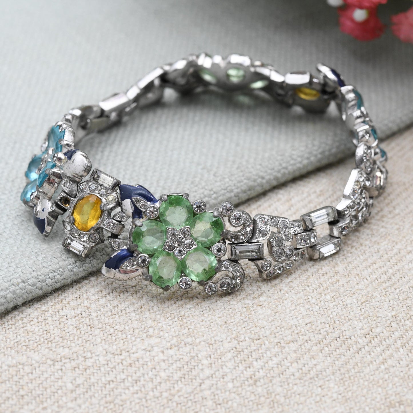 Art Deco Trifari Bracelet by Alfred Philippe 1939 with Pastel Colour Faceted Stones Flower Panels - Collectable Designer Costume Jewellery
