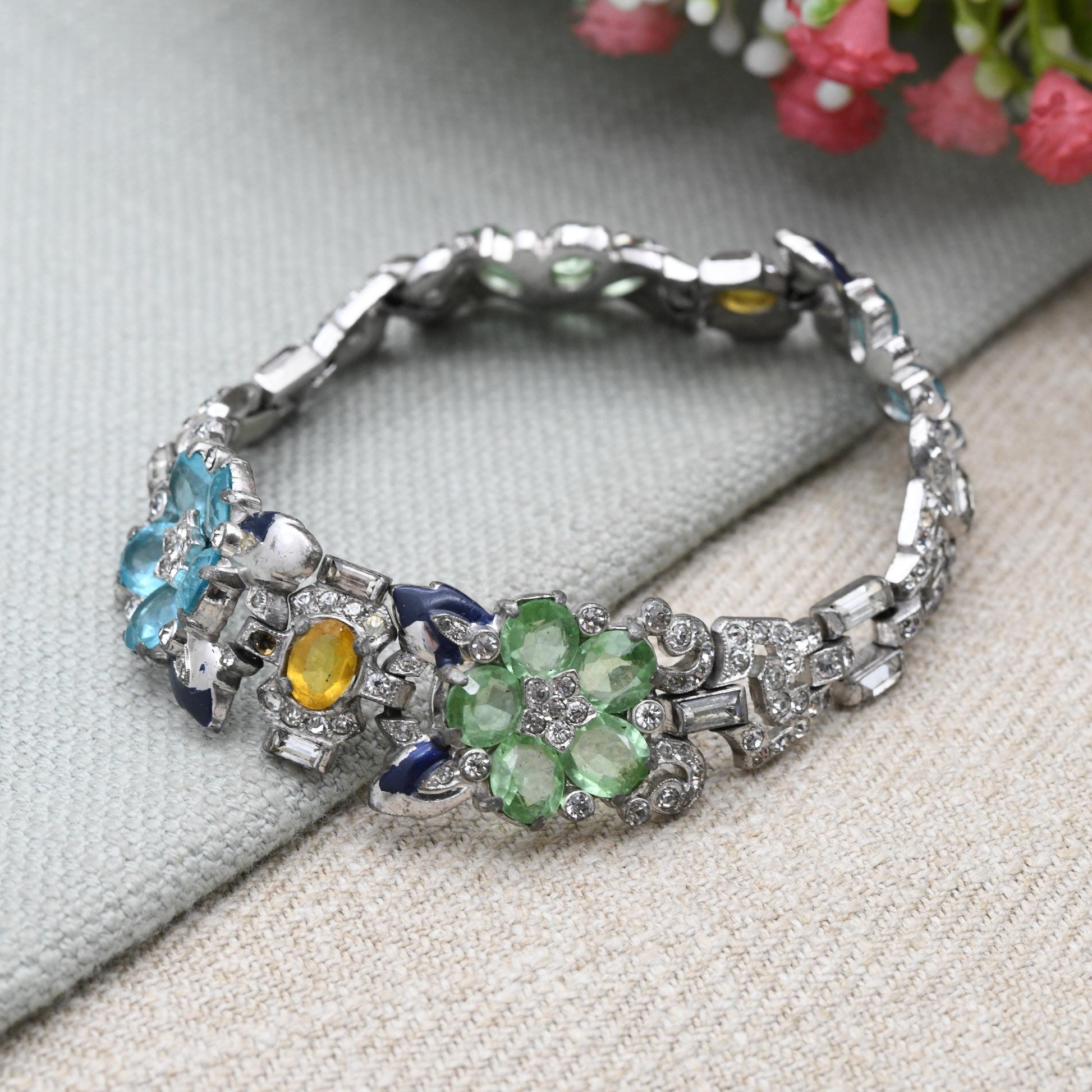Art Deco Trifari Bracelet by Alfred Philippe 1939 with Pastel Colour Faceted Stones Flower Panels - Collectable Designer Costume Jewellery