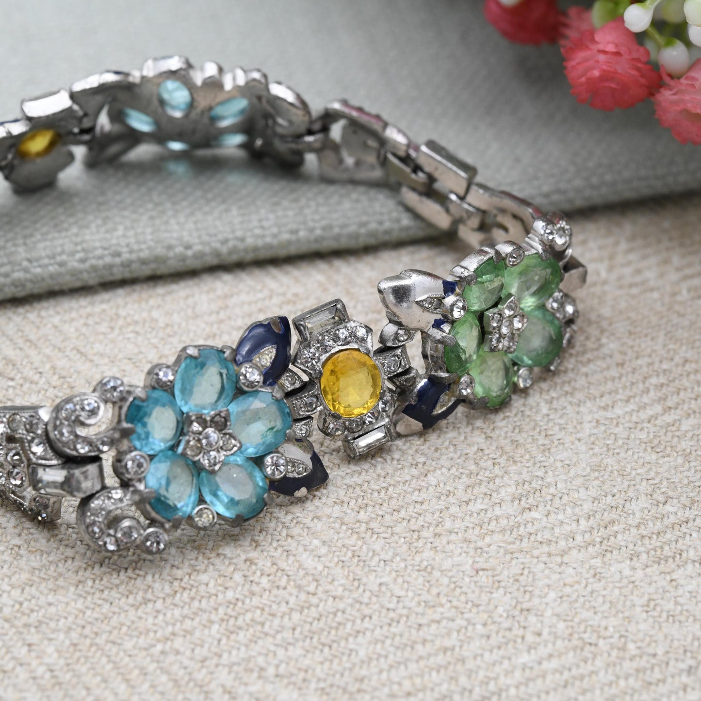 Art Deco Trifari Bracelet by Alfred Philippe 1939 with Pastel Colour Faceted Stones Flower Panels - Collectable Designer Costume Jewellery
