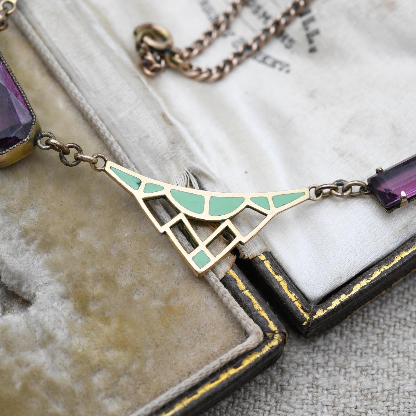 Antique Art Deco Rolled Gold Necklace with Green Enamel Panels and Purple Paste c. 1920s