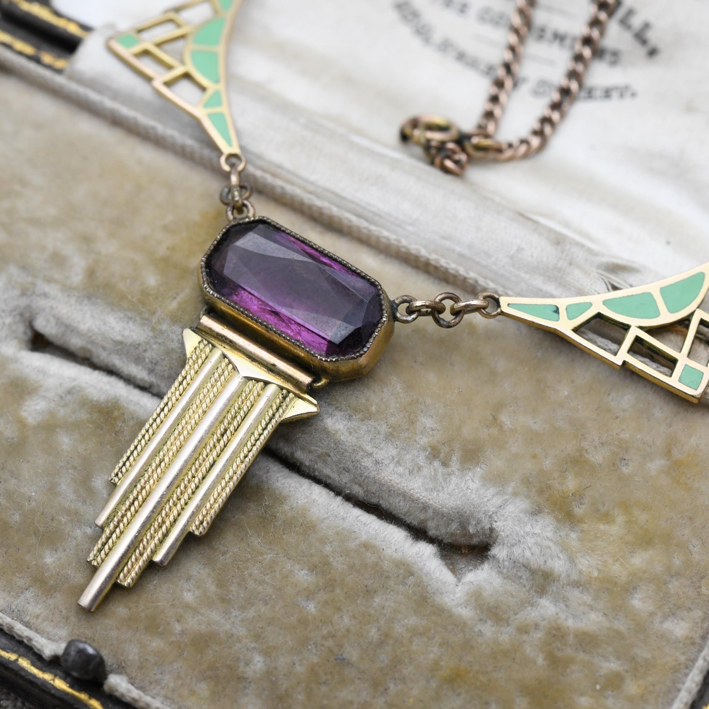 Antique Art Deco Rolled Gold Necklace with Green Enamel Panels and Purple Paste c. 1920s