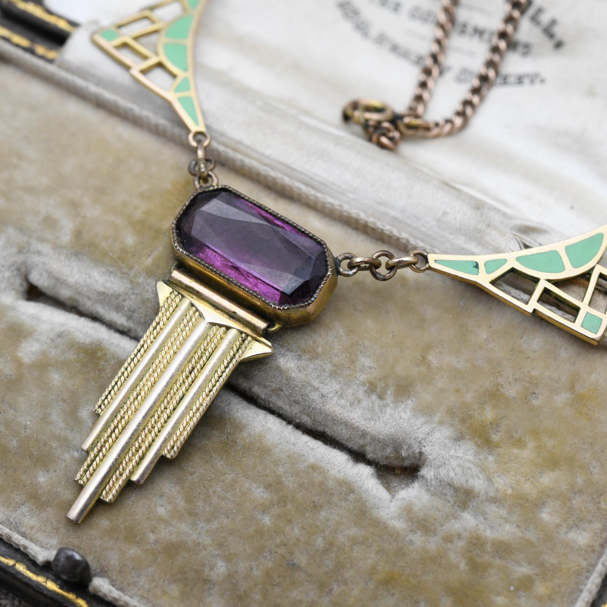 Antique Art Deco Rolled Gold Necklace with Green Enamel Panels and Purple Paste c. 1920s