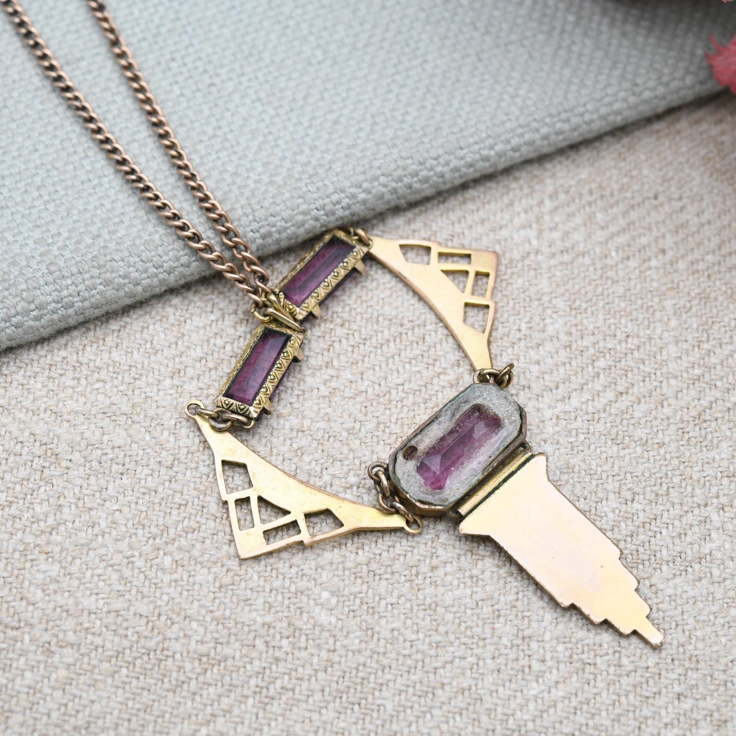Antique Art Deco Rolled Gold Necklace with Green Enamel Panels and Purple Paste c. 1920s