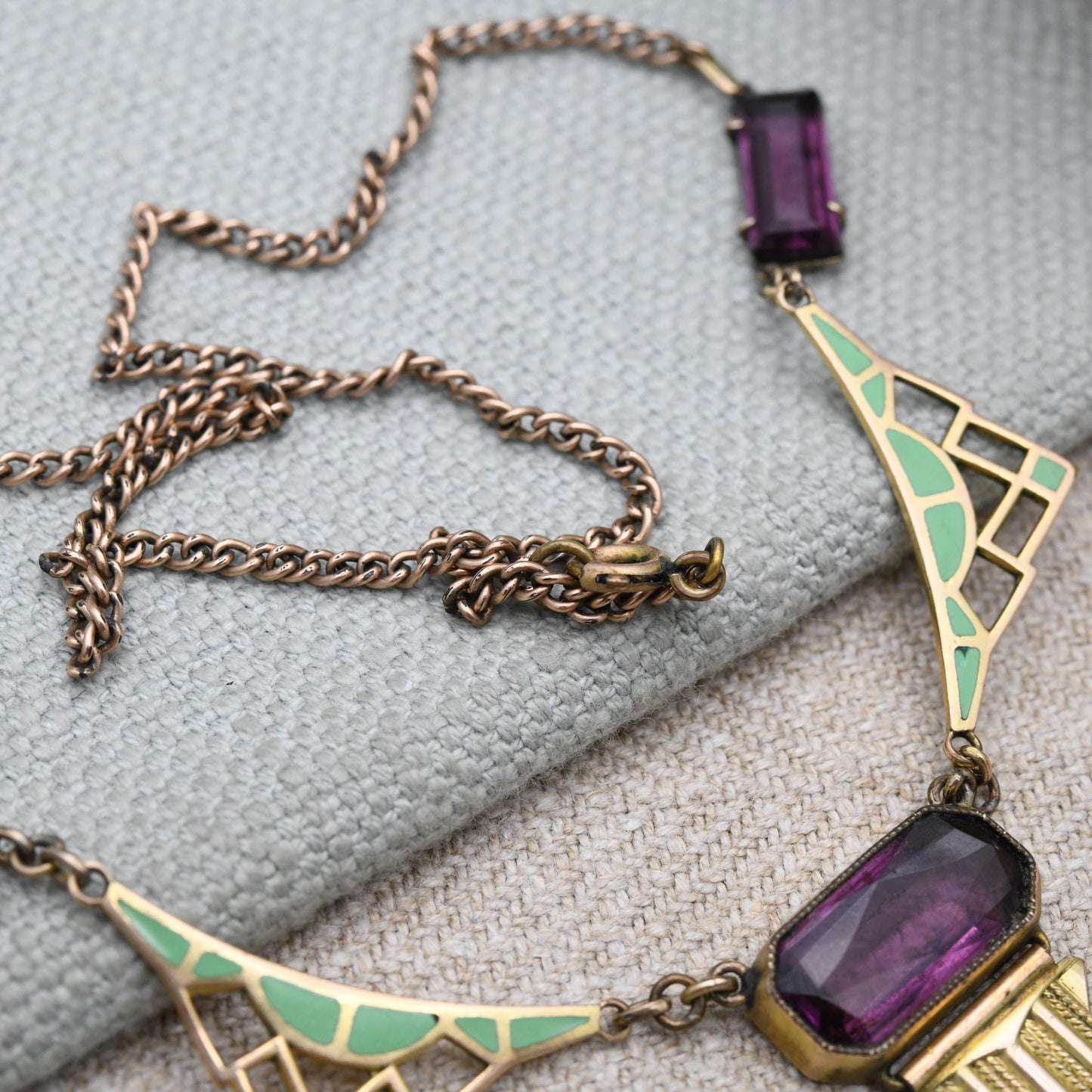 Antique Art Deco Rolled Gold Necklace with Green Enamel Panels and Purple Paste c. 1920s