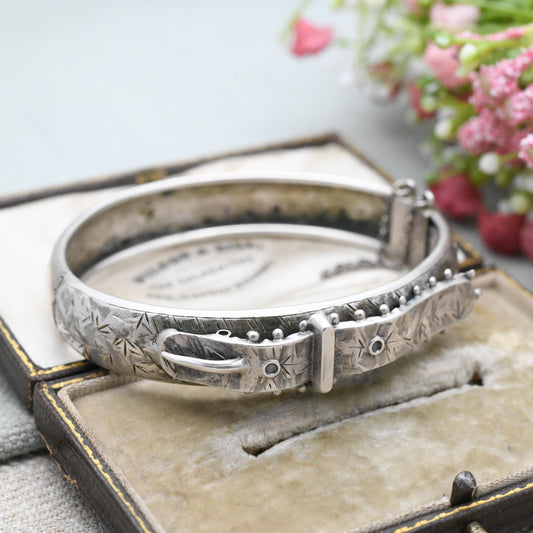 Antique Victorian Silver Buckle Bangle Aesthetic Movement c. 1880s - Hand Engraved Ivy Leaf Design