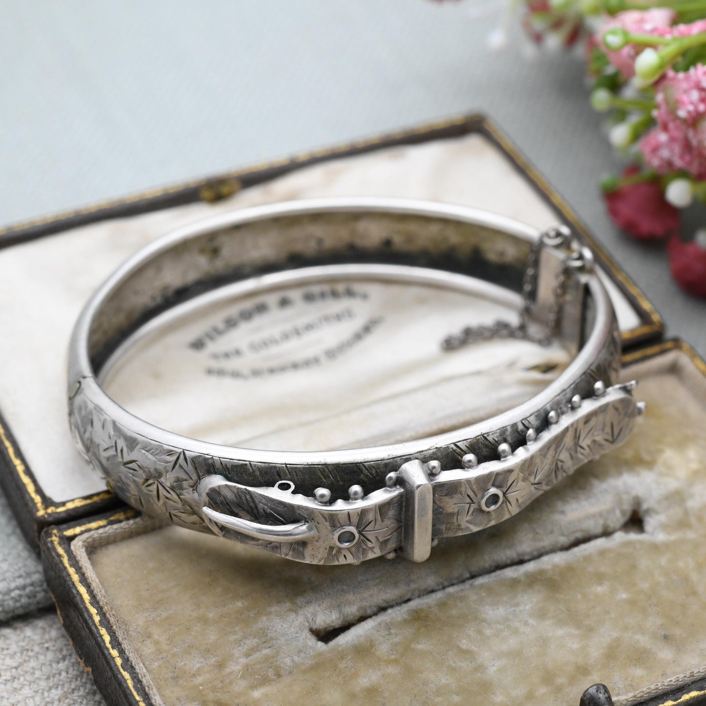 Antique Victorian Silver Buckle Bangle Aesthetic Movement c. 1880s - Hand Engraved Ivy Leaf Design
