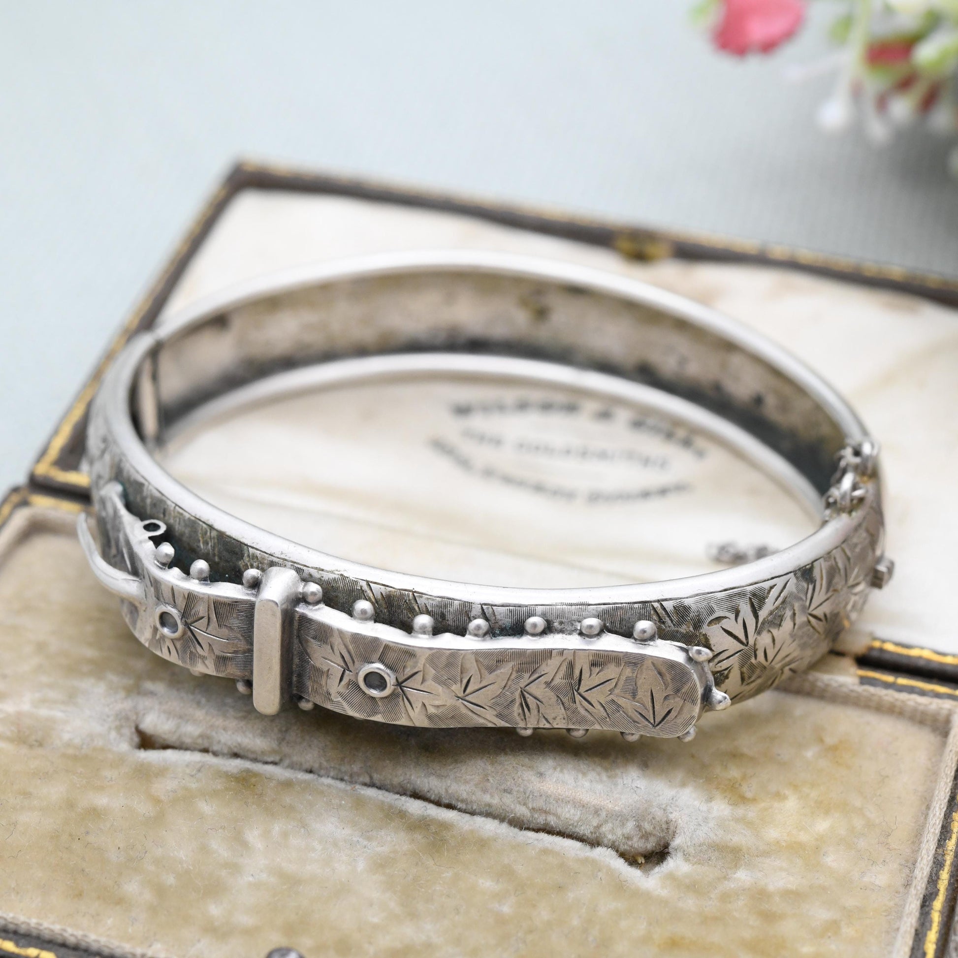 Antique Victorian Silver Buckle Bangle Aesthetic Movement c. 1880s - Hand Engraved Ivy Leaf Design
