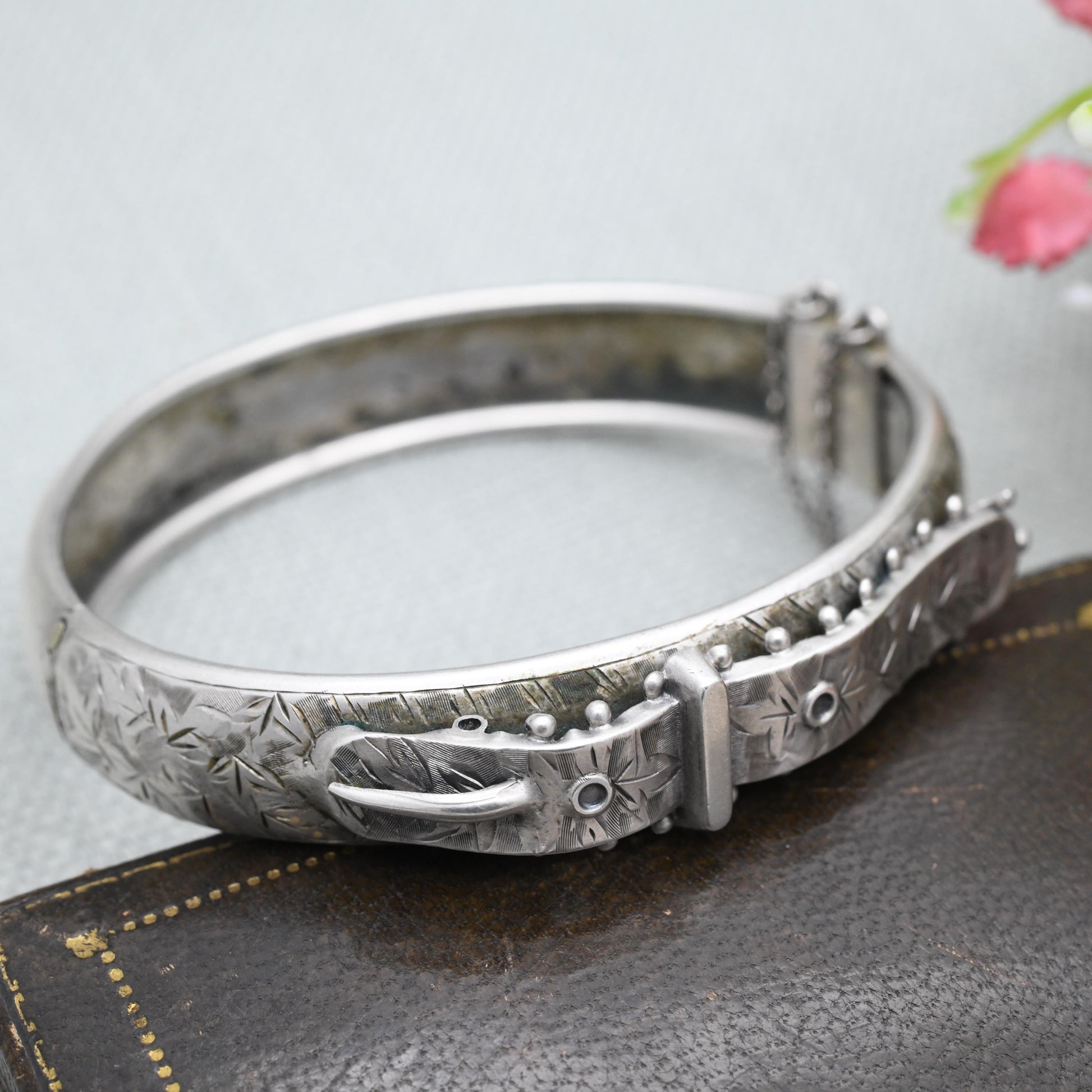 Antique Victorian Silver Buckle Bangle Aesthetic Movement c. 1880s - Hand Engraved Ivy Leaf Design