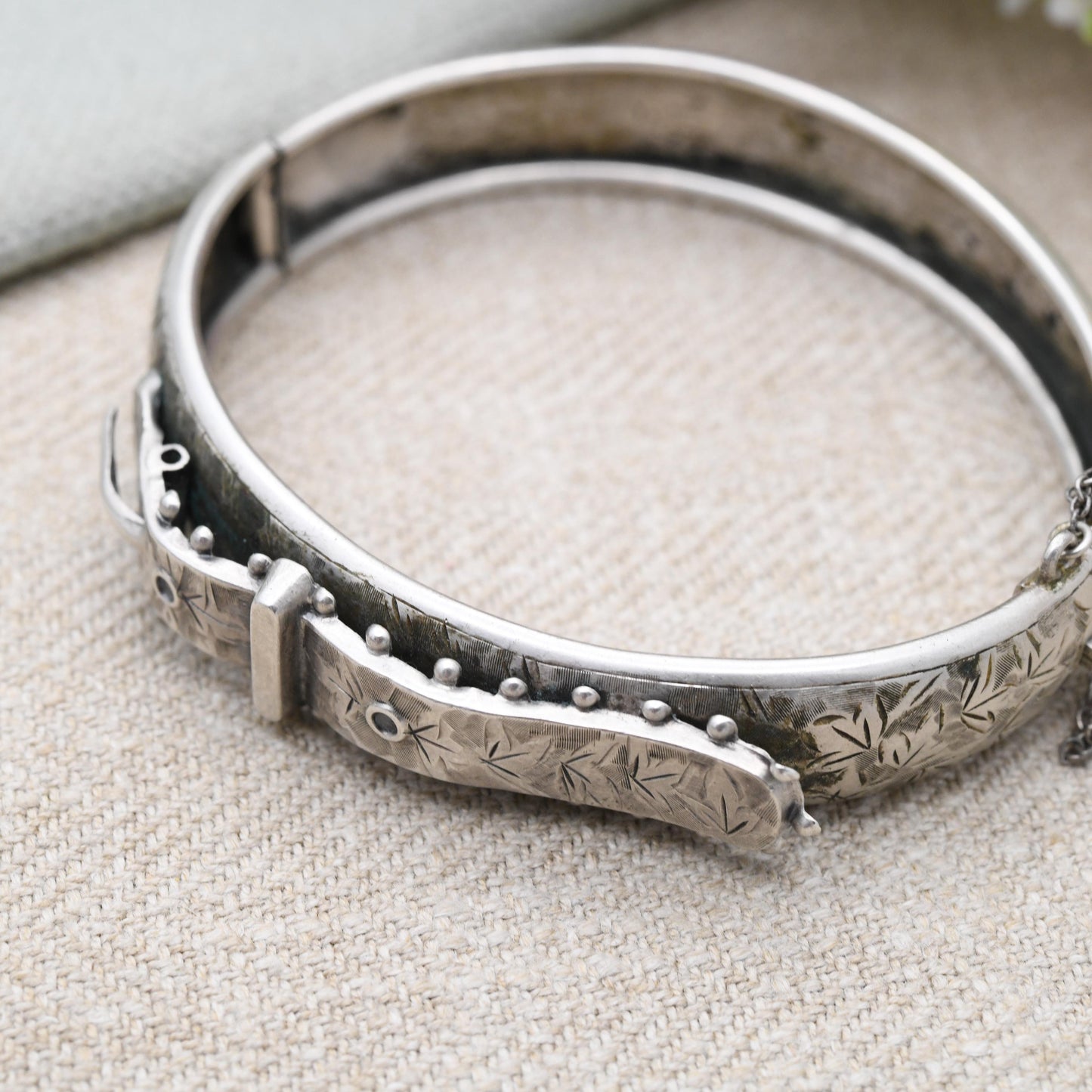Antique Victorian Silver Buckle Bangle Aesthetic Movement c. 1880s - Hand Engraved Ivy Leaf Design