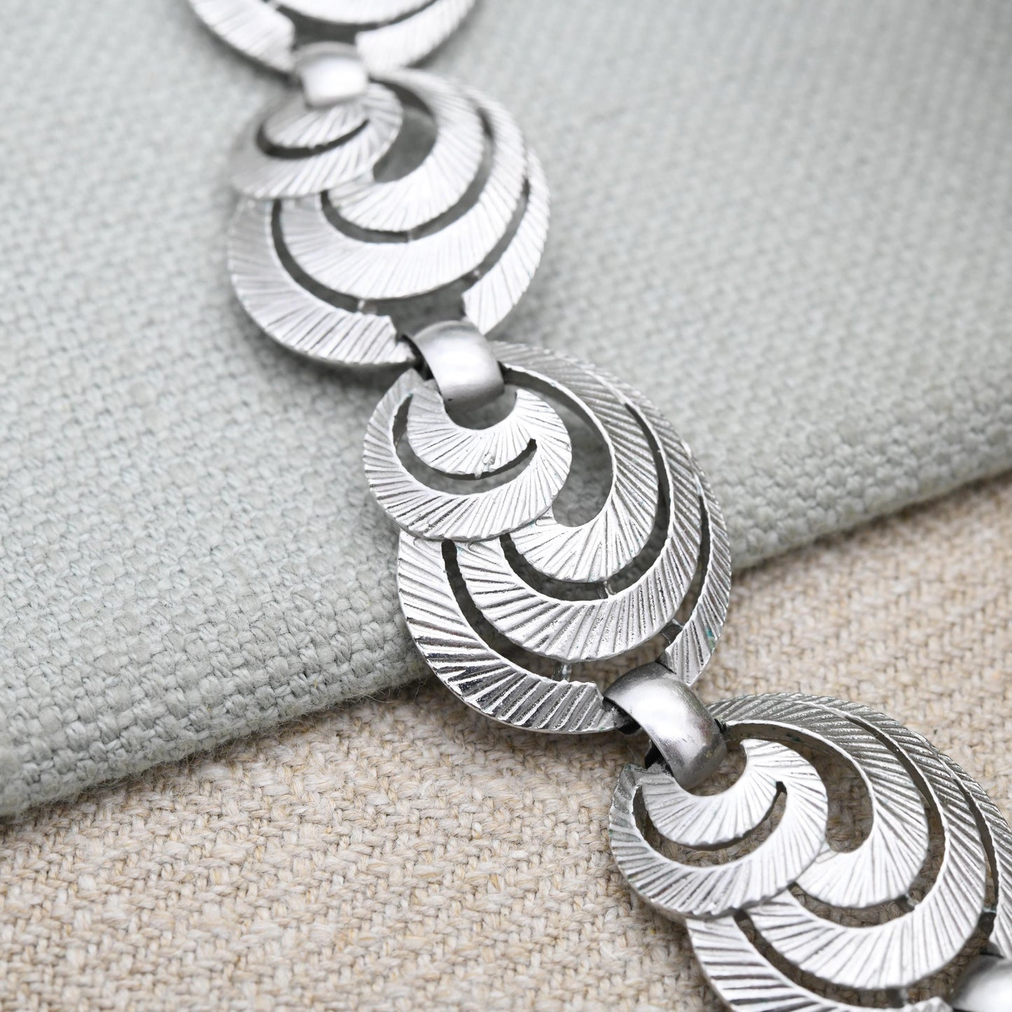 Vintage Crown Trifari Bracelet - Silver Tone Swirl Panel Bracelet | Collectable Designer Costume Jewellery c. 1980s