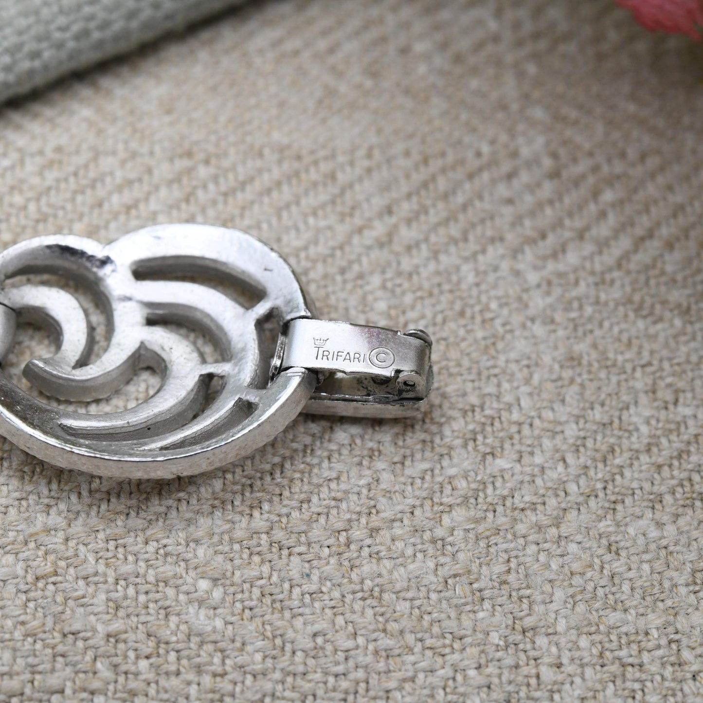 Vintage Crown Trifari Bracelet - Silver Tone Swirl Panel Bracelet | Collectable Designer Costume Jewellery c. 1980s