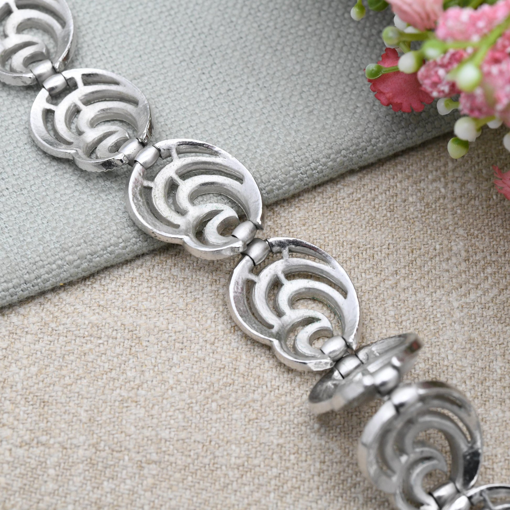 Vintage Crown Trifari Bracelet - Silver Tone Swirl Panel Bracelet | Collectable Designer Costume Jewellery c. 1980s