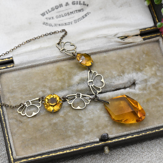 Antique Art Deco Amber Glass Necklace with Open Fan Panels and Integral Drop Pendant c. 1910s