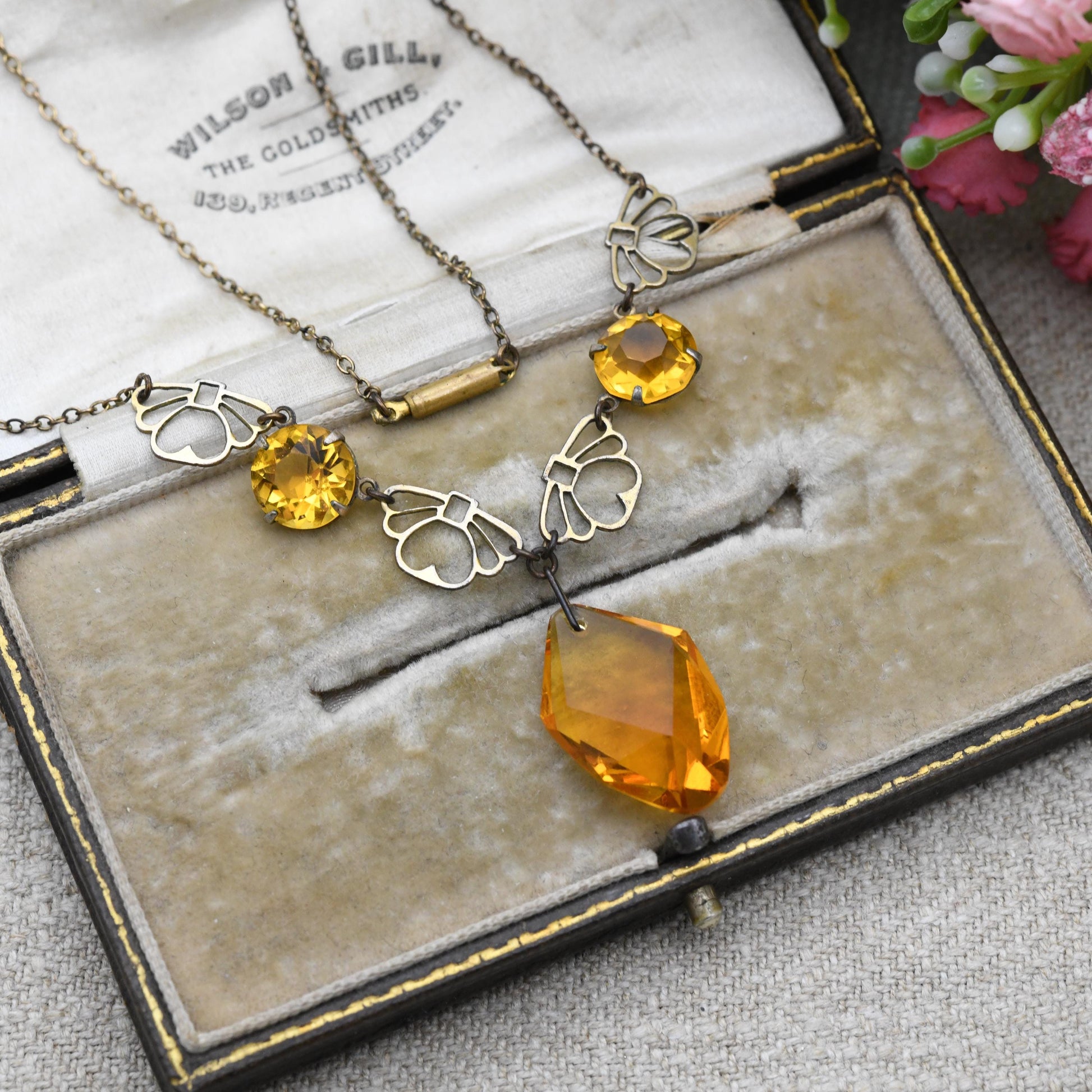 Antique Art Deco Amber Glass Necklace with Open Fan Panels and Integral Drop Pendant c. 1910s