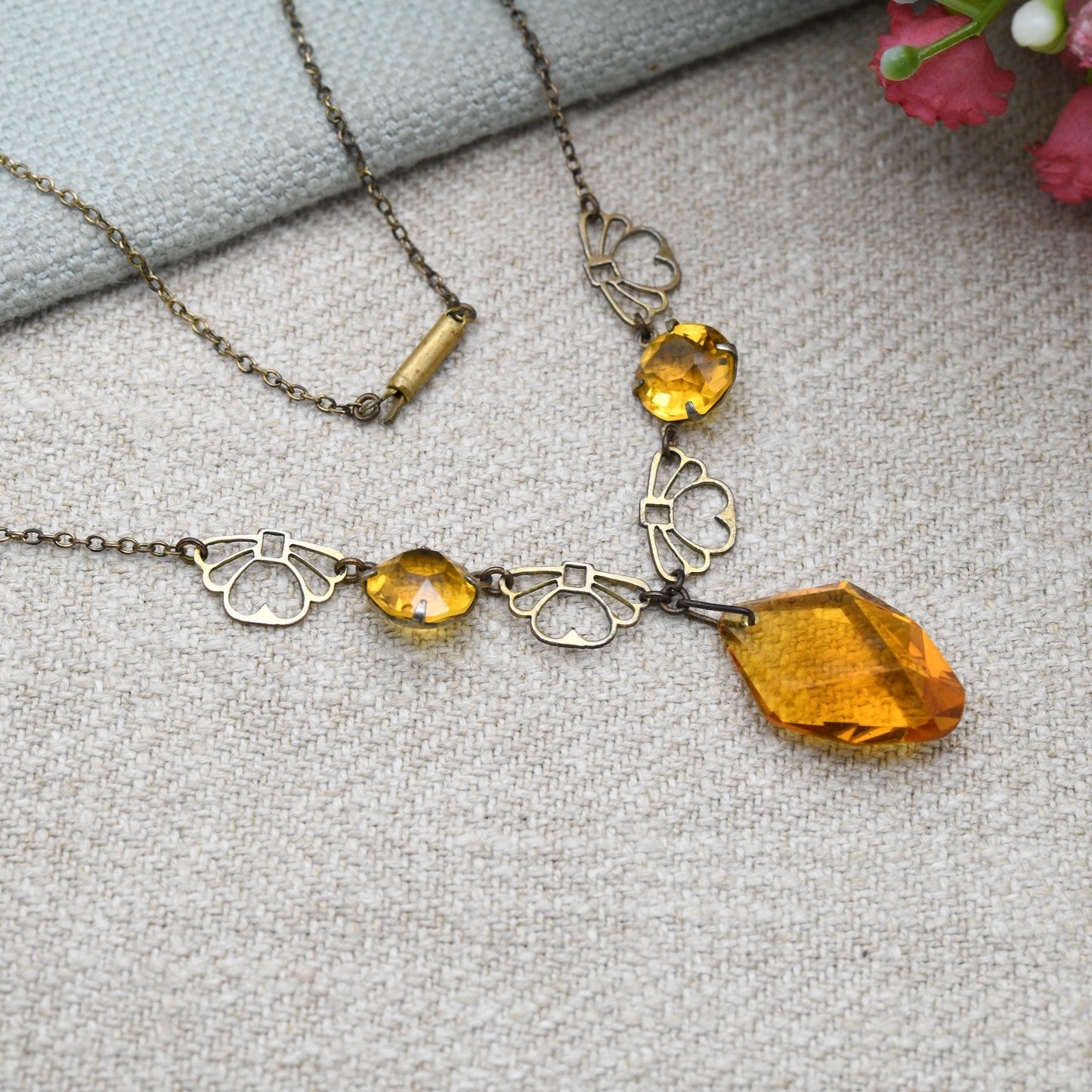 Antique Art Deco Amber Glass Necklace with Open Fan Panels and Integral Drop Pendant c. 1910s