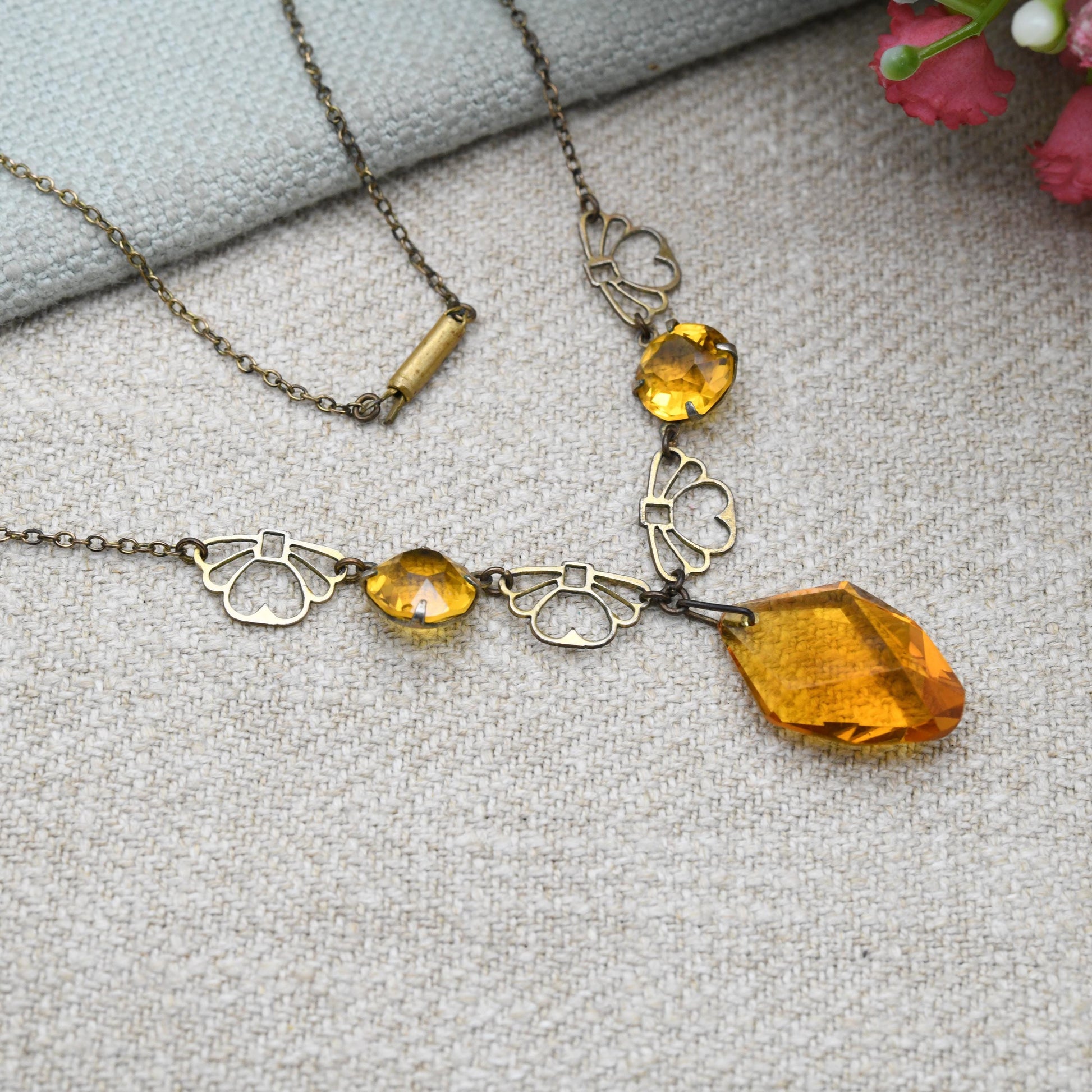 Antique Art Deco Amber Glass Necklace with Open Fan Panels and Integral Drop Pendant c. 1910s