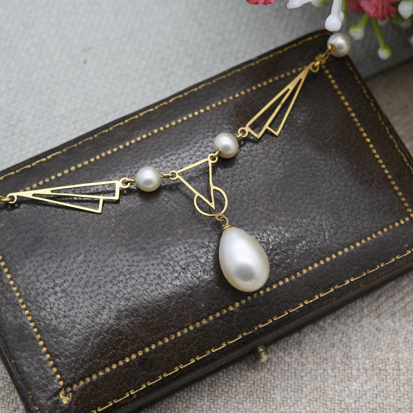 Vintage Art Deco Rolled Gold Necklace with Faux Pearl Integral Drop Pendant c. 1930s - Openwork Geometric Design