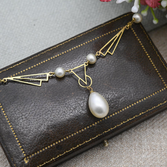 Vintage Art Deco Rolled Gold Necklace with Faux Pearl Integral Drop Pendant c. 1930s - Openwork Geometric Design
