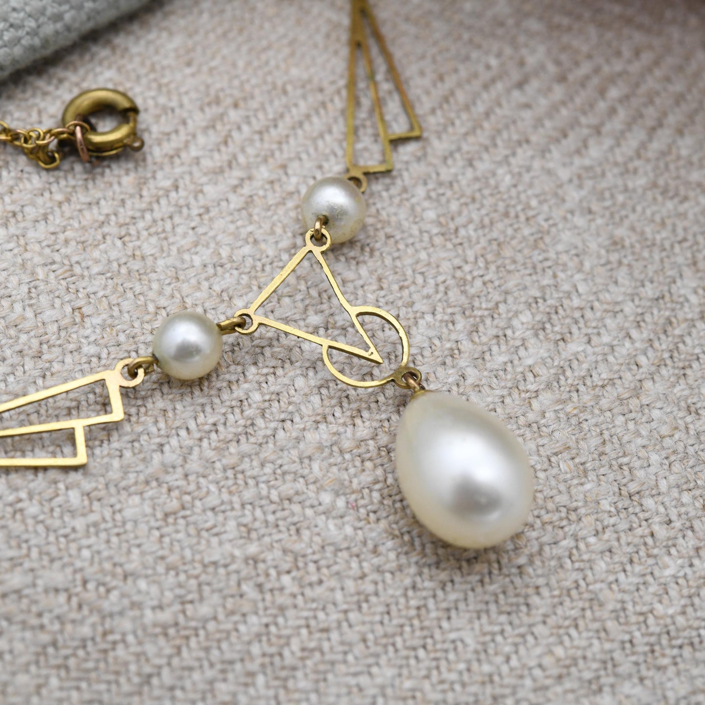 Vintage Art Deco Rolled Gold Necklace with Faux Pearl Integral Drop Pendant c. 1930s - Openwork Geometric Design