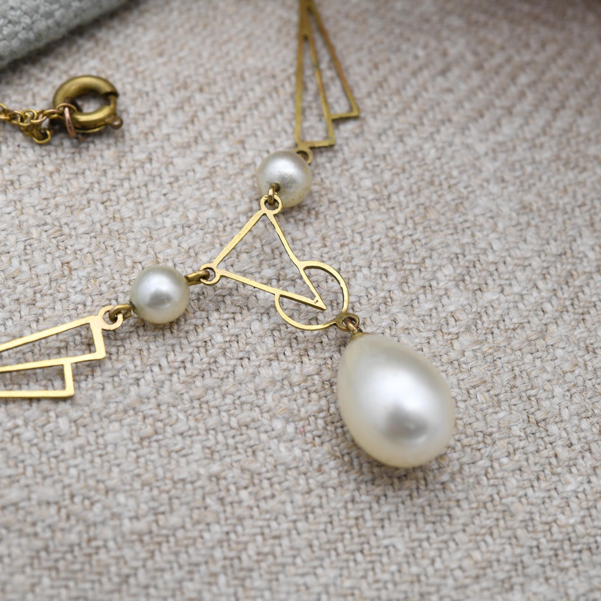 Vintage Art Deco Rolled Gold Necklace with Faux Pearl Integral Drop Pendant c. 1930s - Openwork Geometric Design