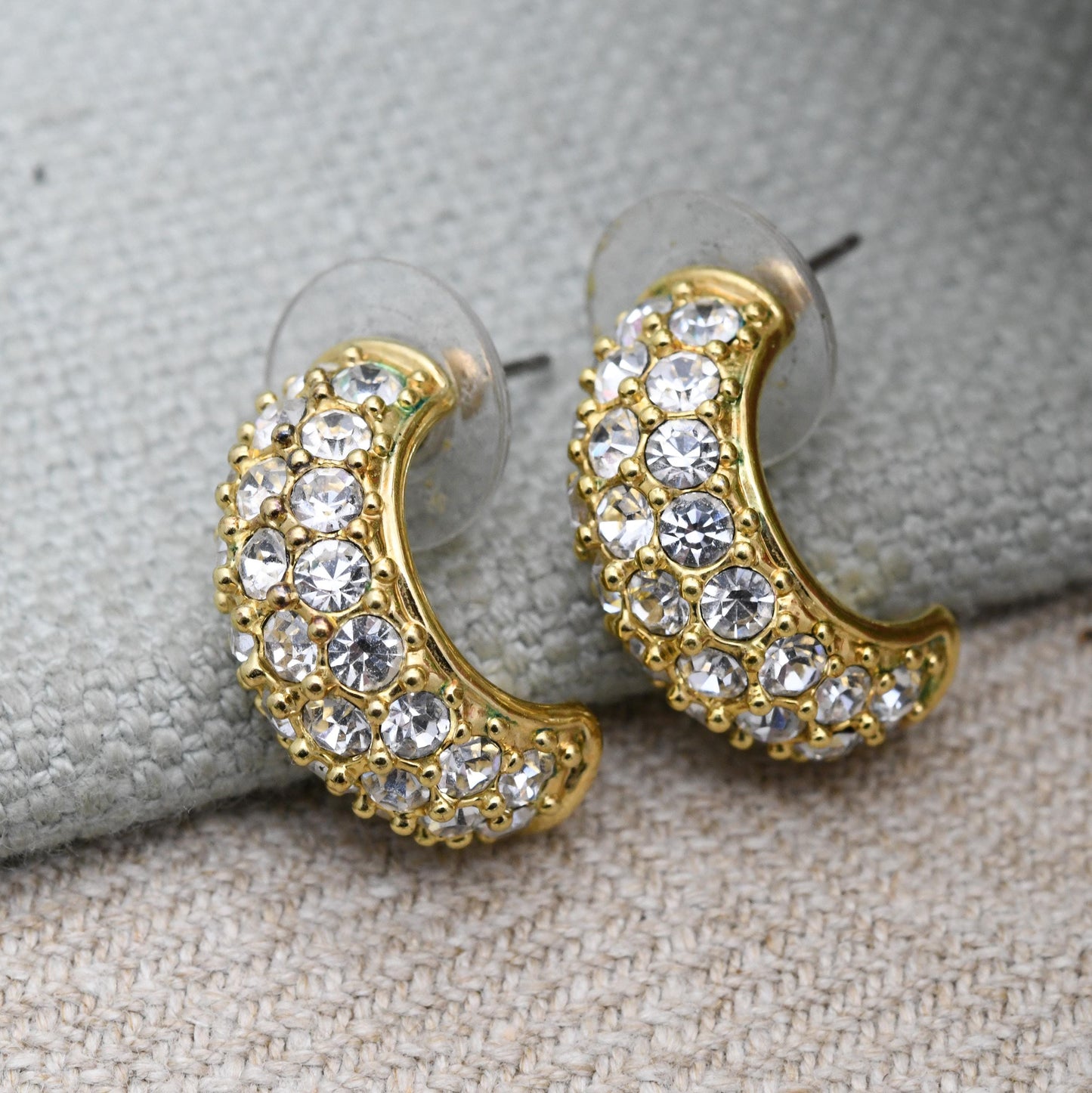 Vintage Kenneth Jay Lane Half Hoop Stud Earrings with Clear Stones KJL c. 1980s - Sparkly C Hoops | Signed Designer Costume Jewellery