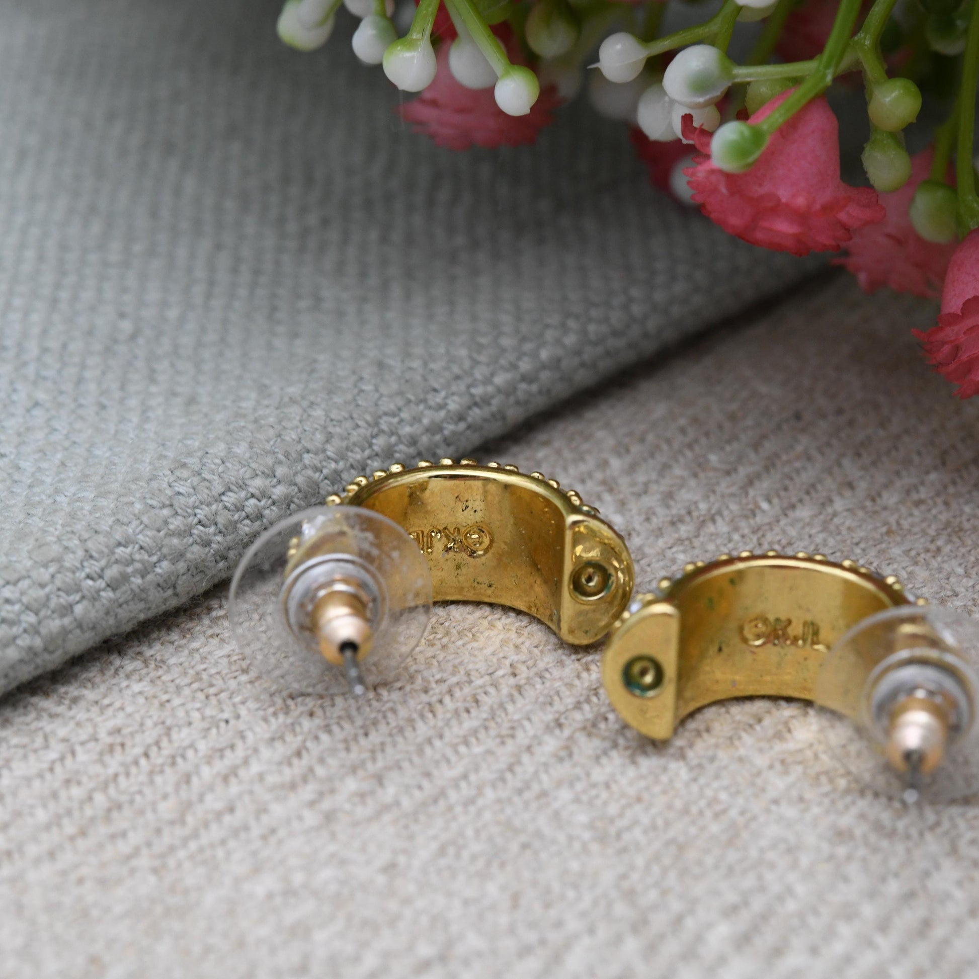 Vintage Kenneth Jay Lane Half Hoop Stud Earrings with Clear Stones KJL c. 1980s - Sparkly C Hoops | Signed Designer Costume Jewellery