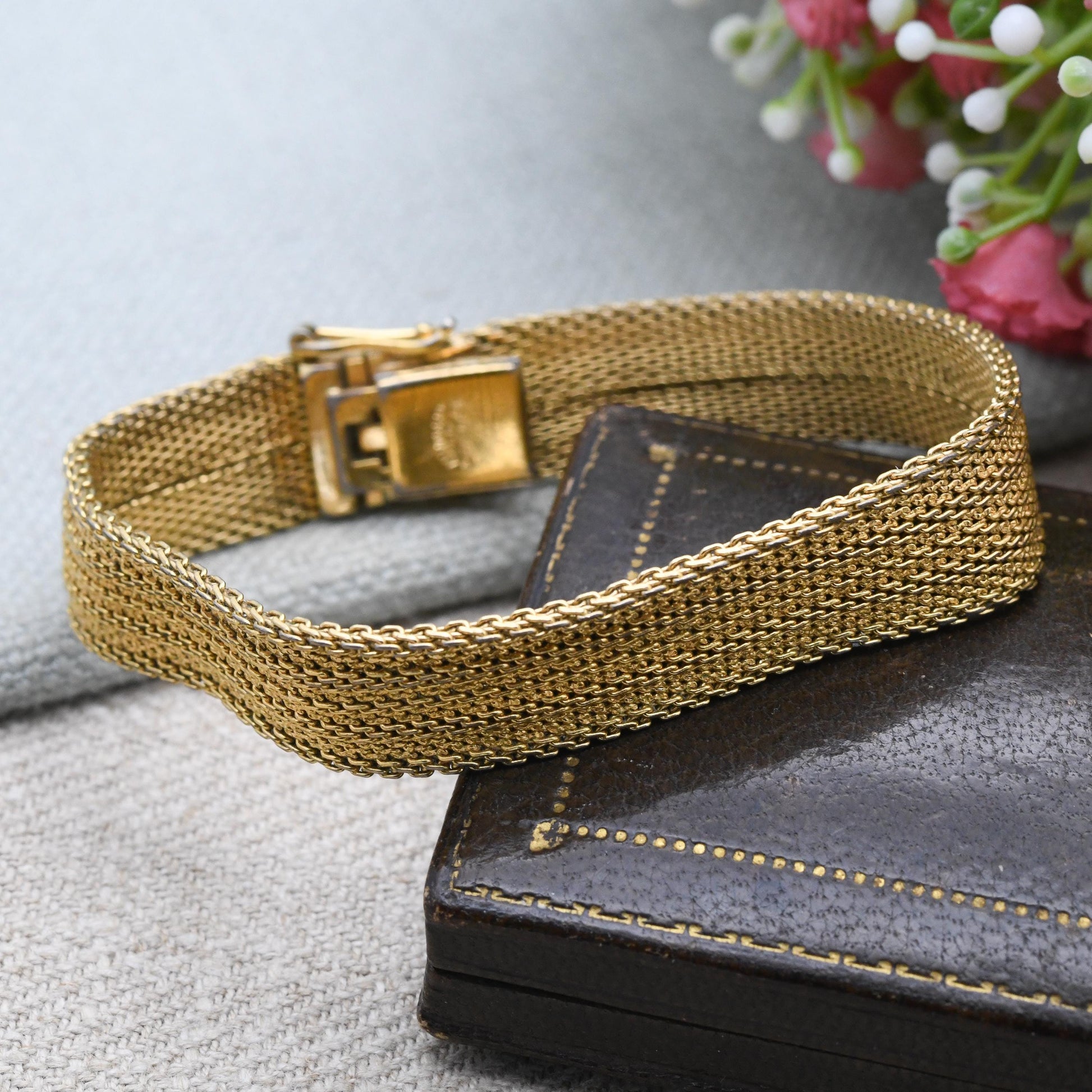 Vintage Grossé Bracelet Chunky Gold Tone Mesh Link 1965 - German Designer Signed Jewellery | Slide Lock Clasp with Safety Catch