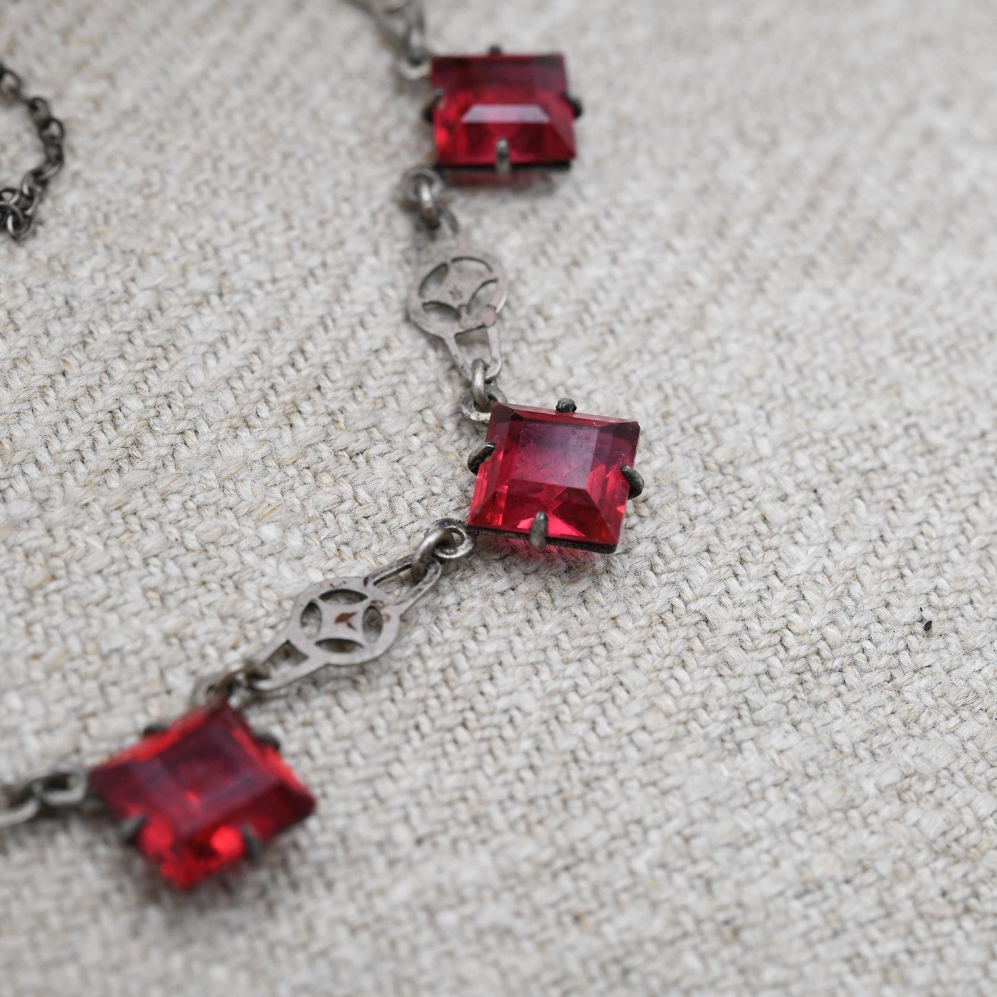 Antique European Silver Red Paste Necklace Art Deco Era c. 1920s - Square Faceted Cut Ruby Glass | 15"