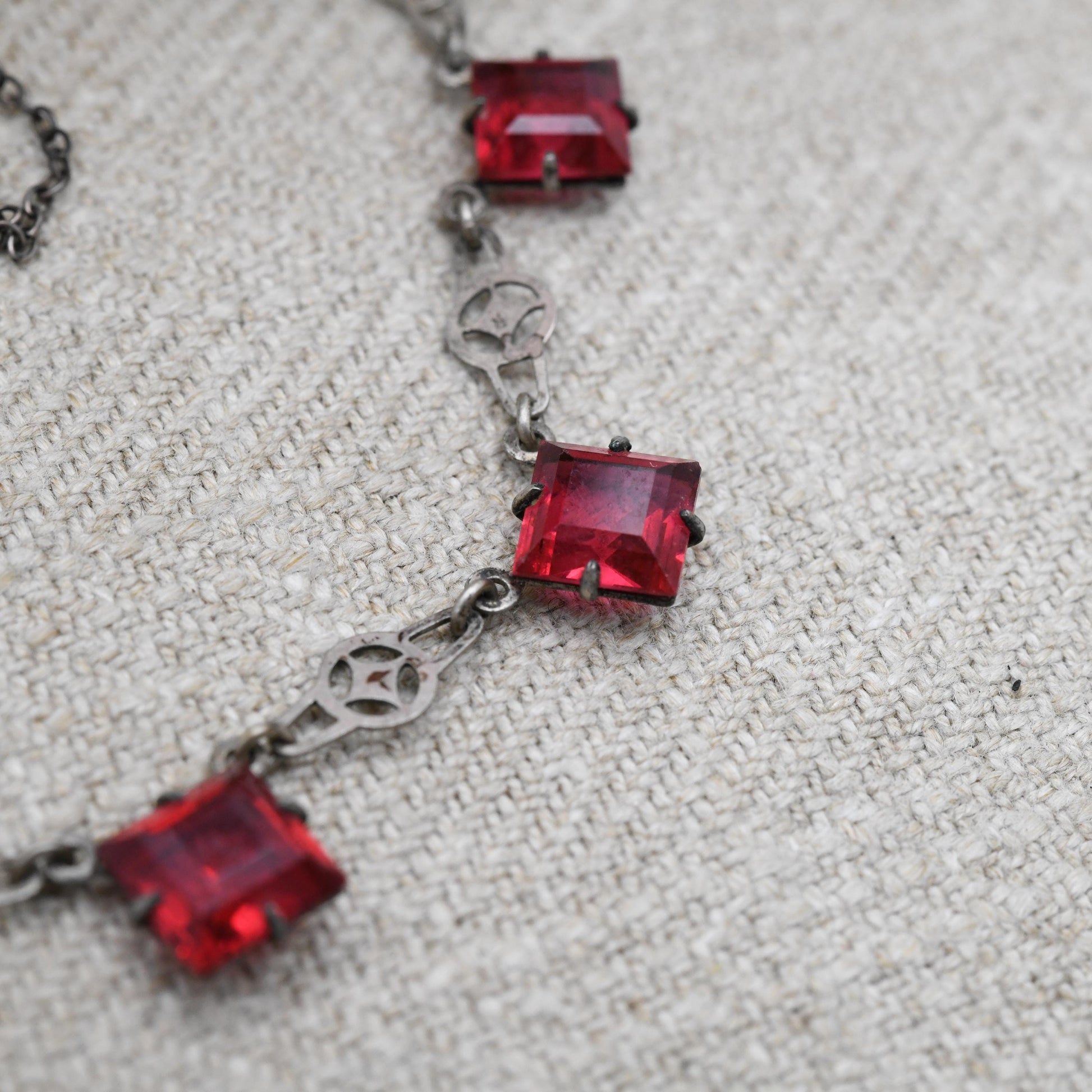 Antique European Silver Red Paste Necklace Art Deco Era c. 1920s - Square Faceted Cut Ruby Glass | 15"