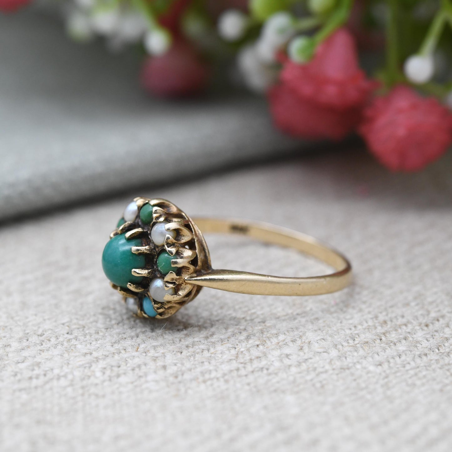 Vintage 9ct Gold Turquoise Cluster Ring 1968 Slade & Kempton - 1960s Jewellery Cluster Statement Ring Gift | UK Size - P 1/2 | US Size - 8