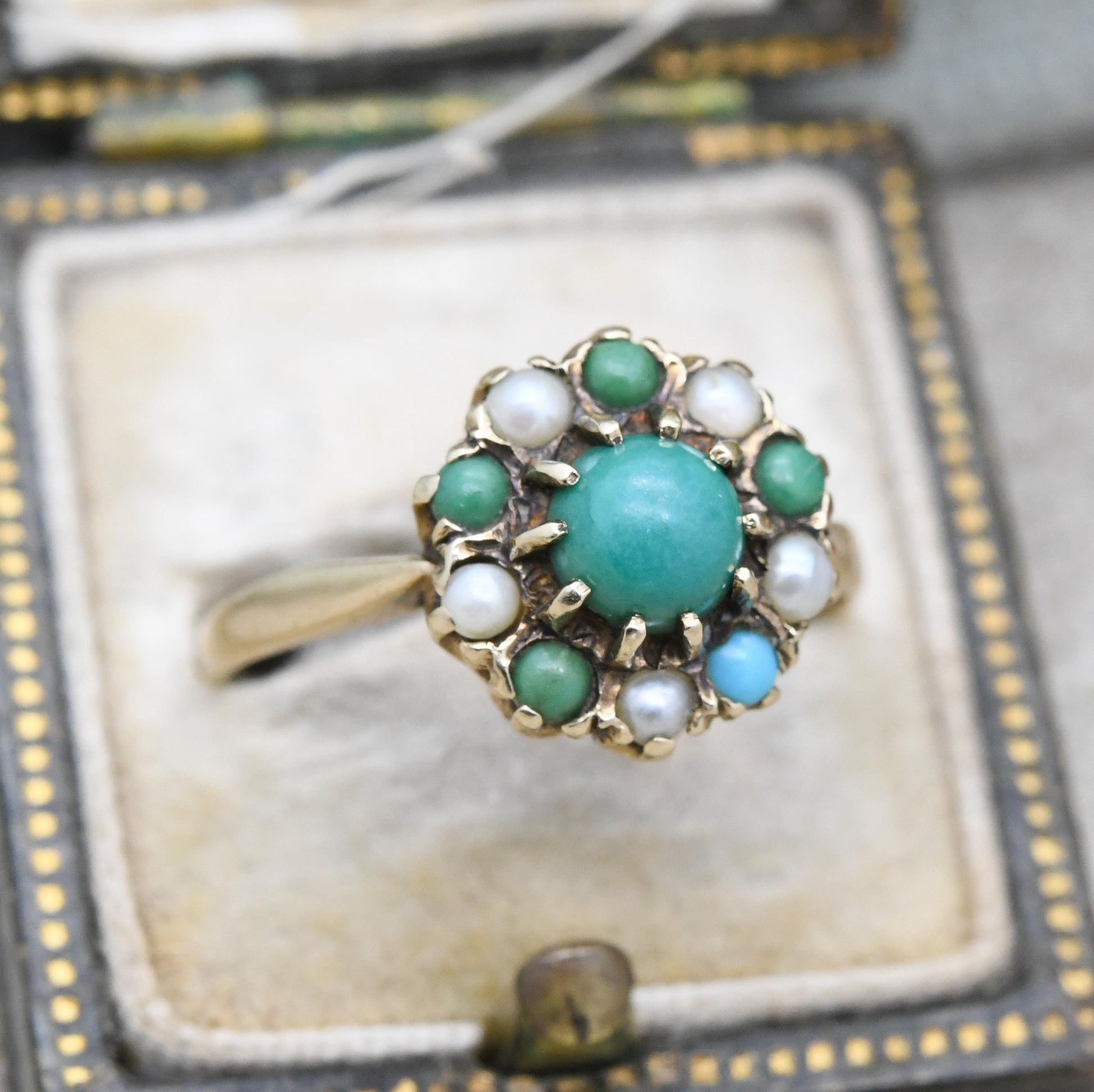 Vintage 9ct Gold Turquoise Cluster Ring 1968 Slade & Kempton - 1960s Jewellery Cluster Statement Ring Gift | UK Size - P 1/2 | US Size - 8