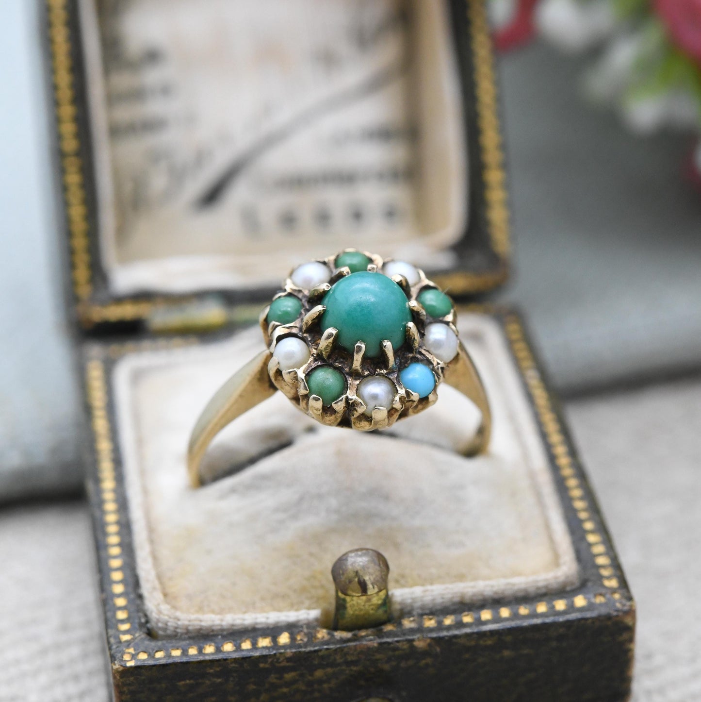 Vintage 9ct Gold Turquoise Cluster Ring 1968 Slade & Kempton - 1960s Jewellery Cluster Statement Ring Gift | UK Size - P 1/2 | US Size - 8