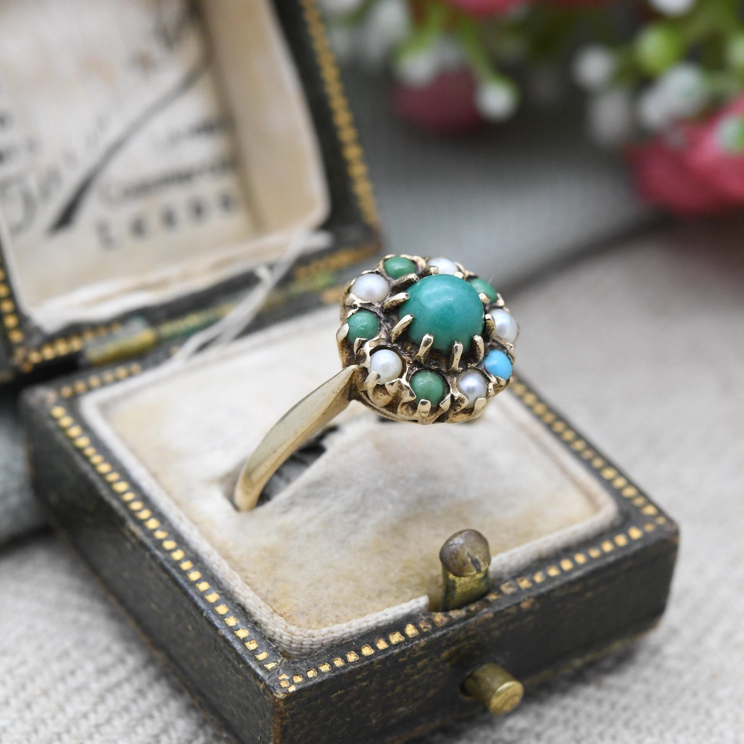 Vintage 9ct Gold Turquoise Cluster Ring 1968 Slade & Kempton - 1960s Jewellery Cluster Statement Ring Gift | UK Size - P 1/2 | US Size - 8