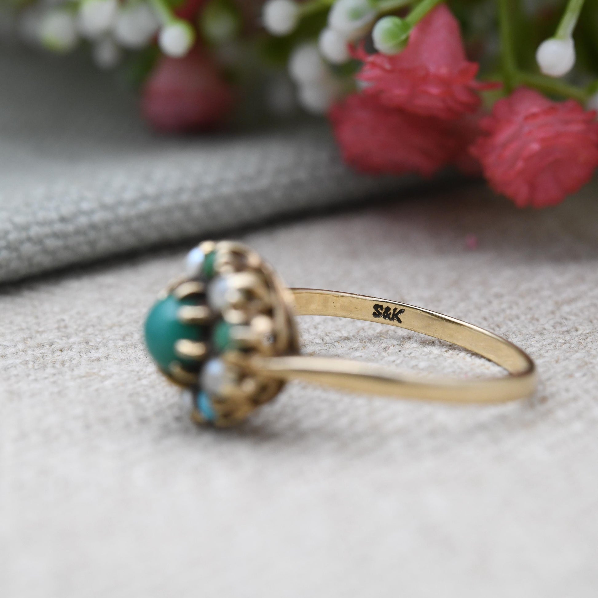 Vintage 9ct Gold Turquoise Cluster Ring 1968 Slade & Kempton - 1960s Jewellery Cluster Statement Ring Gift | UK Size - P 1/2 | US Size - 8