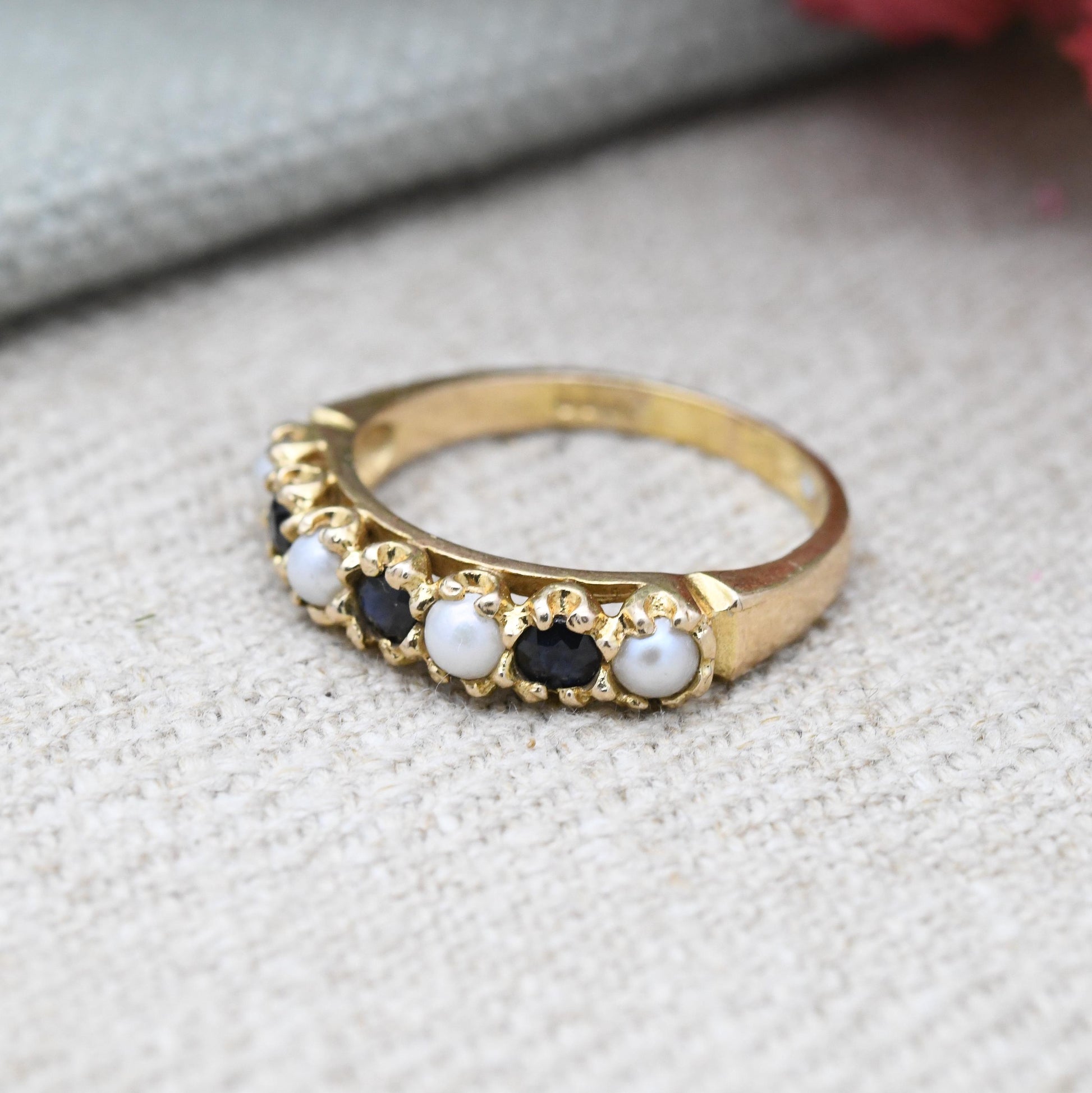 Vintage 9ct Gold Sapphire and Pearl Half Eternity Ring 1975 - Seven Stone Gemstone Half Hoop | UK Size - L 1/2 | US Size - 6 1/4