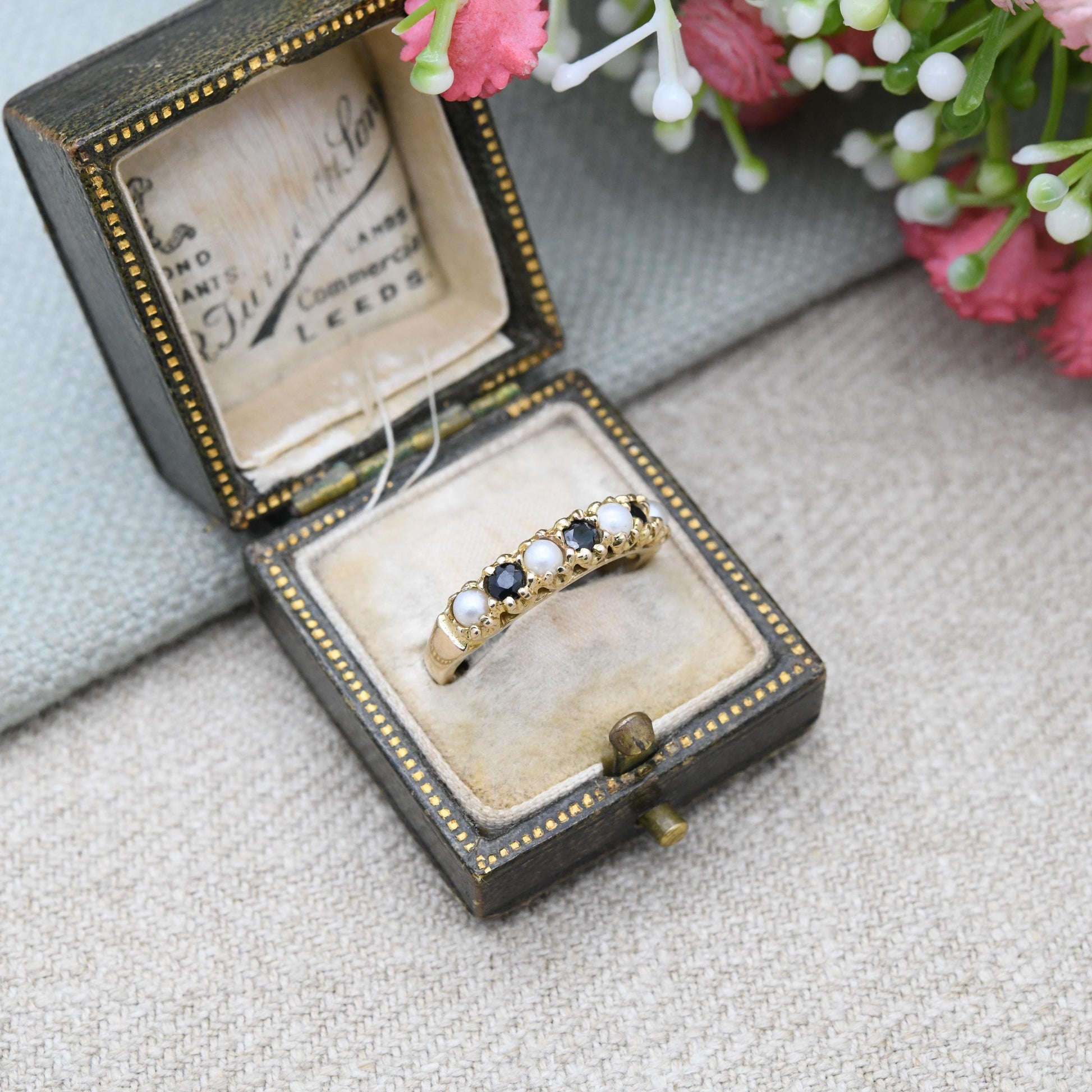 Vintage 9ct Gold Sapphire and Pearl Half Eternity Ring 1975 - Seven Stone Gemstone Half Hoop | UK Size - L 1/2 | US Size - 6 1/4