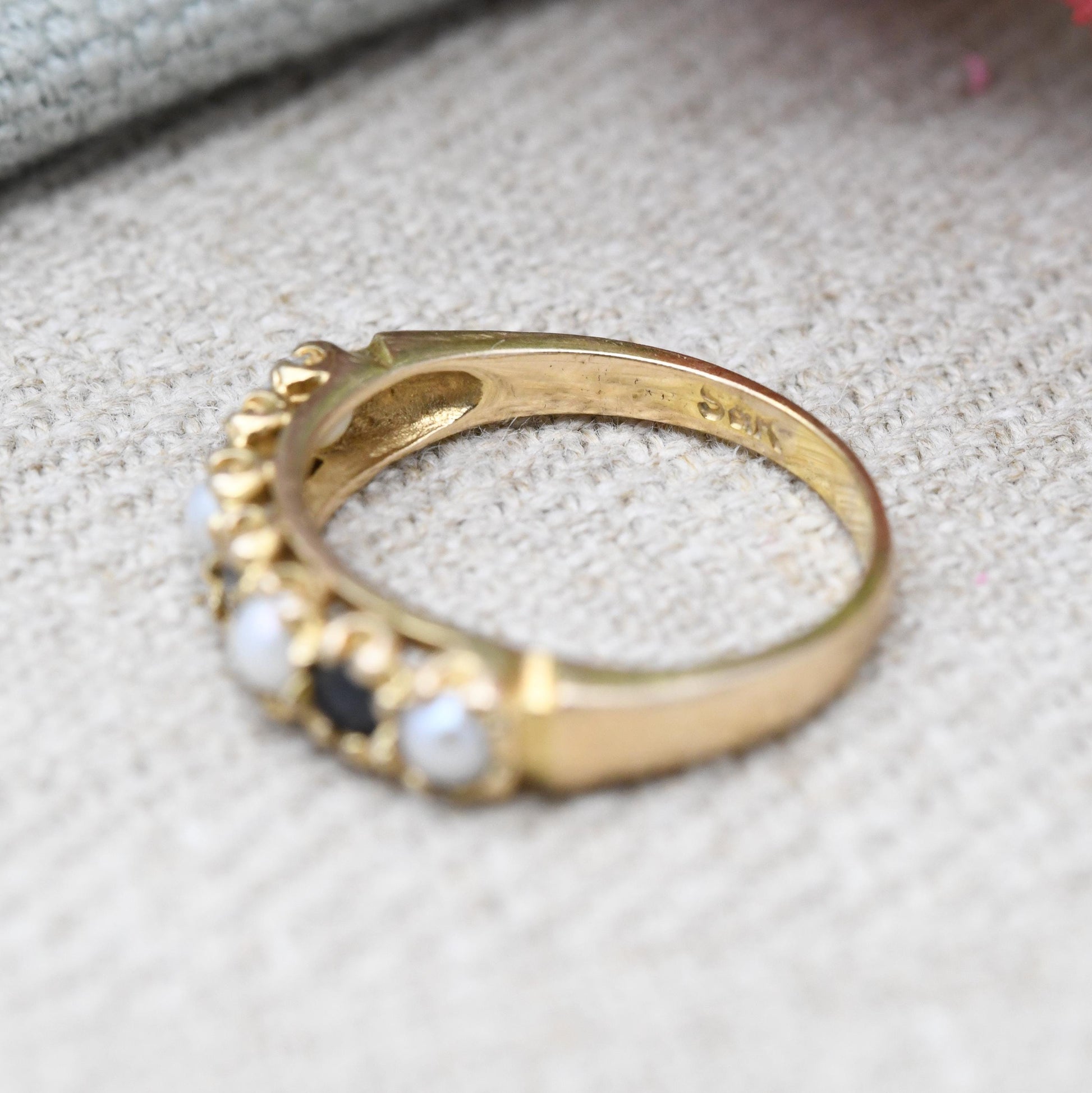 Vintage 9ct Gold Sapphire and Pearl Half Eternity Ring 1975 - Seven Stone Gemstone Half Hoop | UK Size - L 1/2 | US Size - 6 1/4