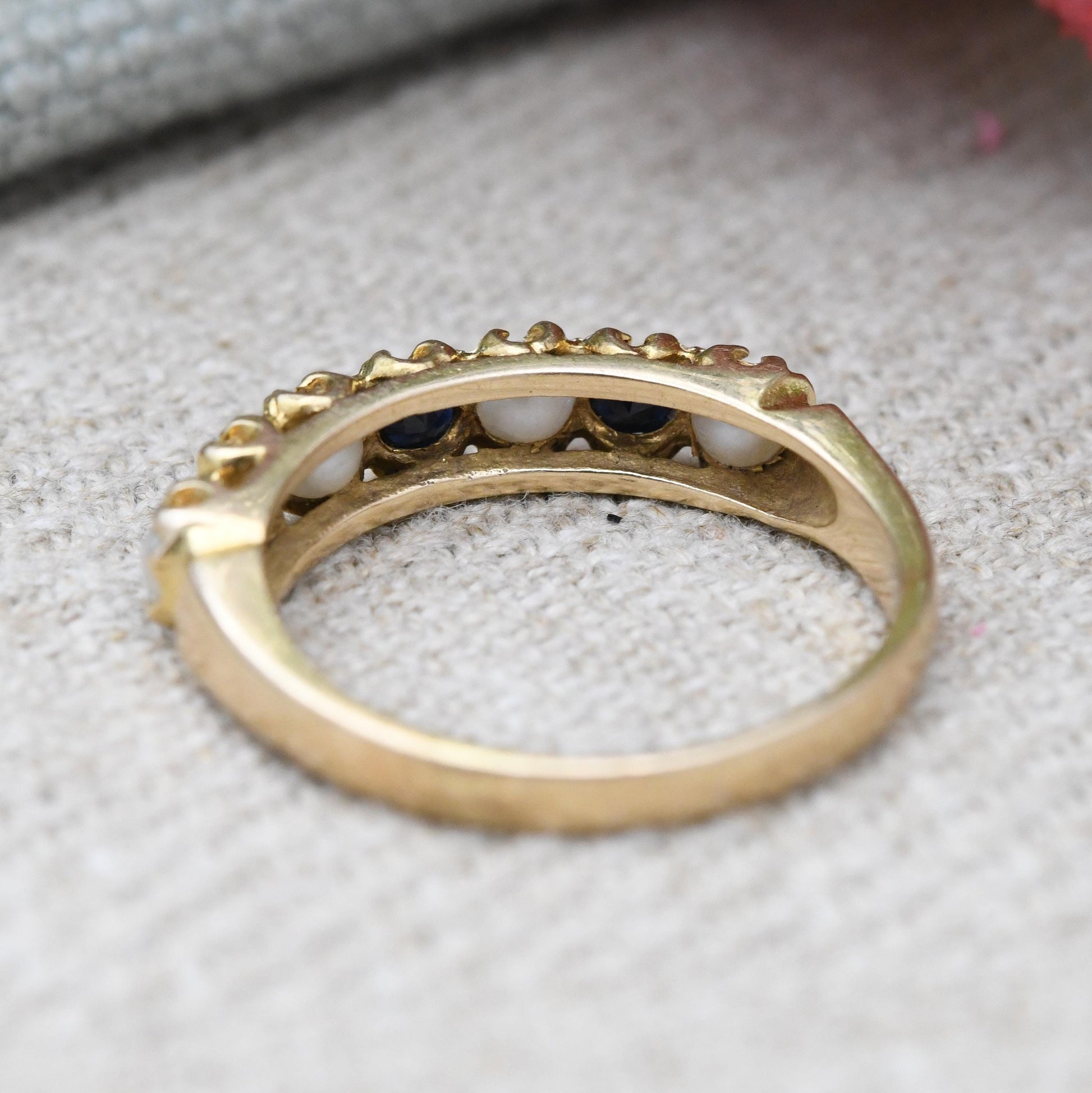 Vintage 9ct Gold Sapphire and Pearl Half Eternity Ring 1975 - Seven Stone Gemstone Half Hoop | UK Size - L 1/2 | US Size - 6 1/4