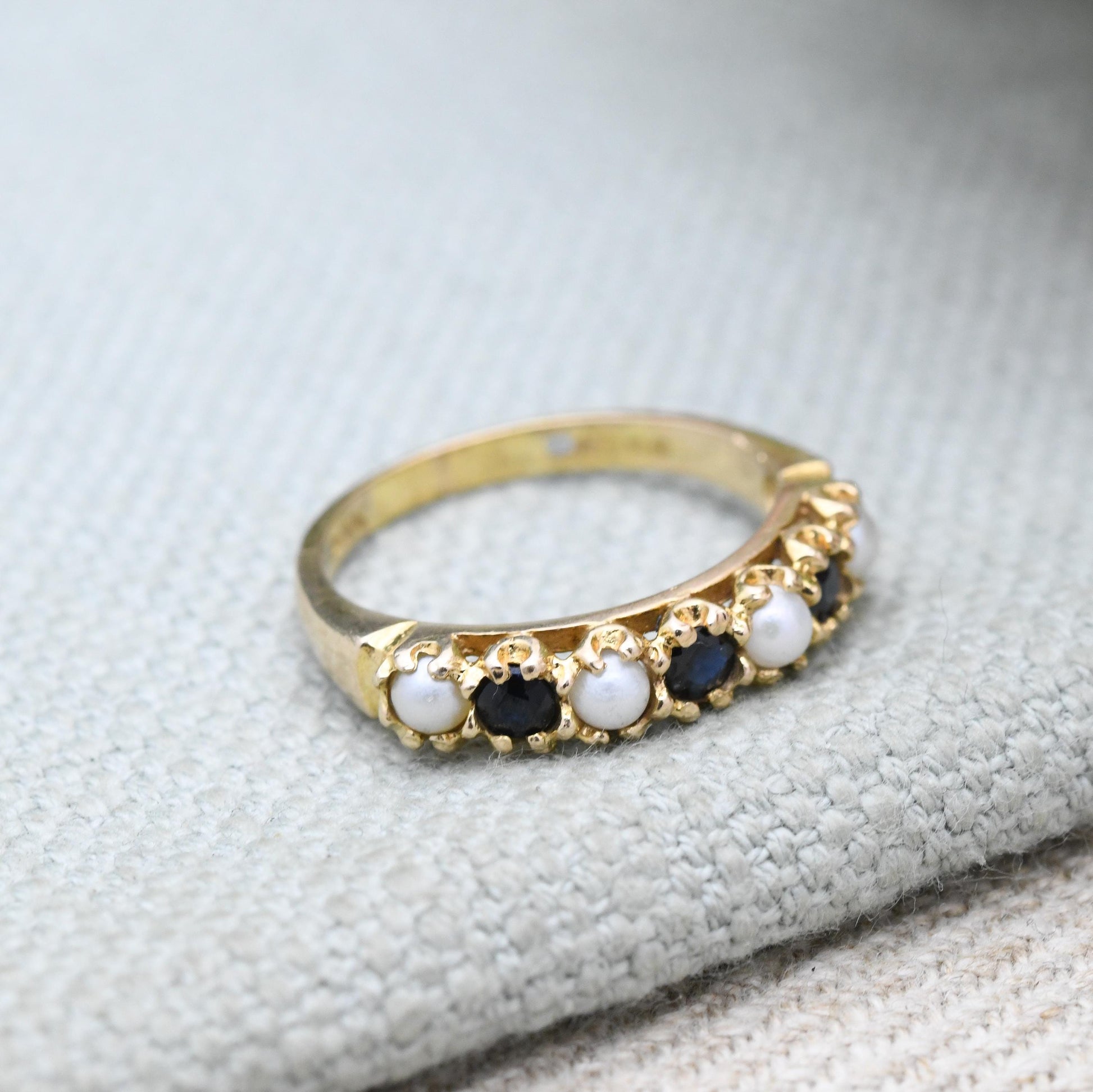 Vintage 9ct Gold Sapphire and Pearl Half Eternity Ring 1975 - Seven Stone Gemstone Half Hoop | UK Size - L 1/2 | US Size - 6 1/4
