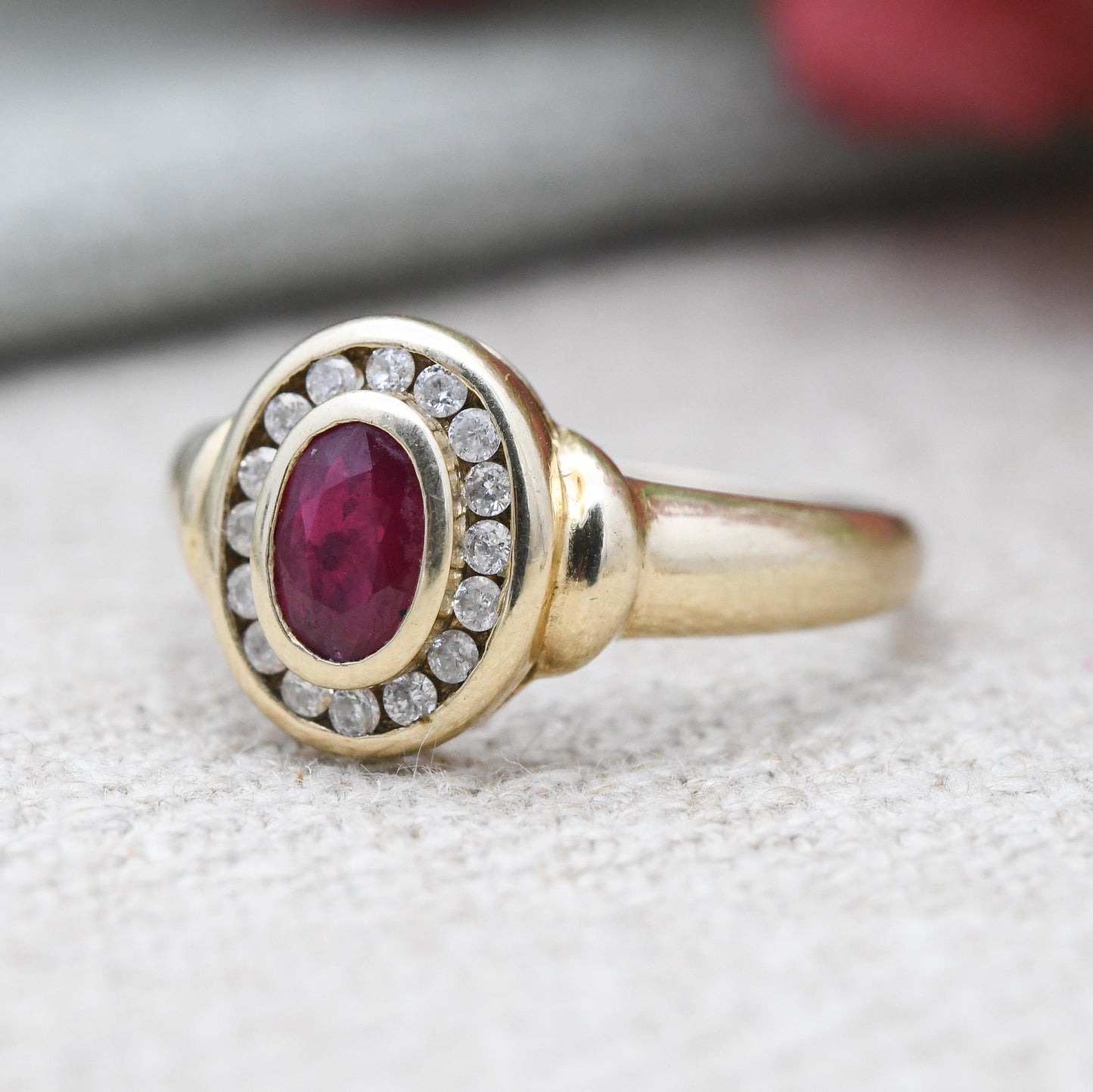 Vintage 9ct Gold Ruby Cluster Ring with Diamond Halo - Floral Daisy Pretty Gold Jewellery Gift for Her | UK Size - M | US Size - 6 1/2