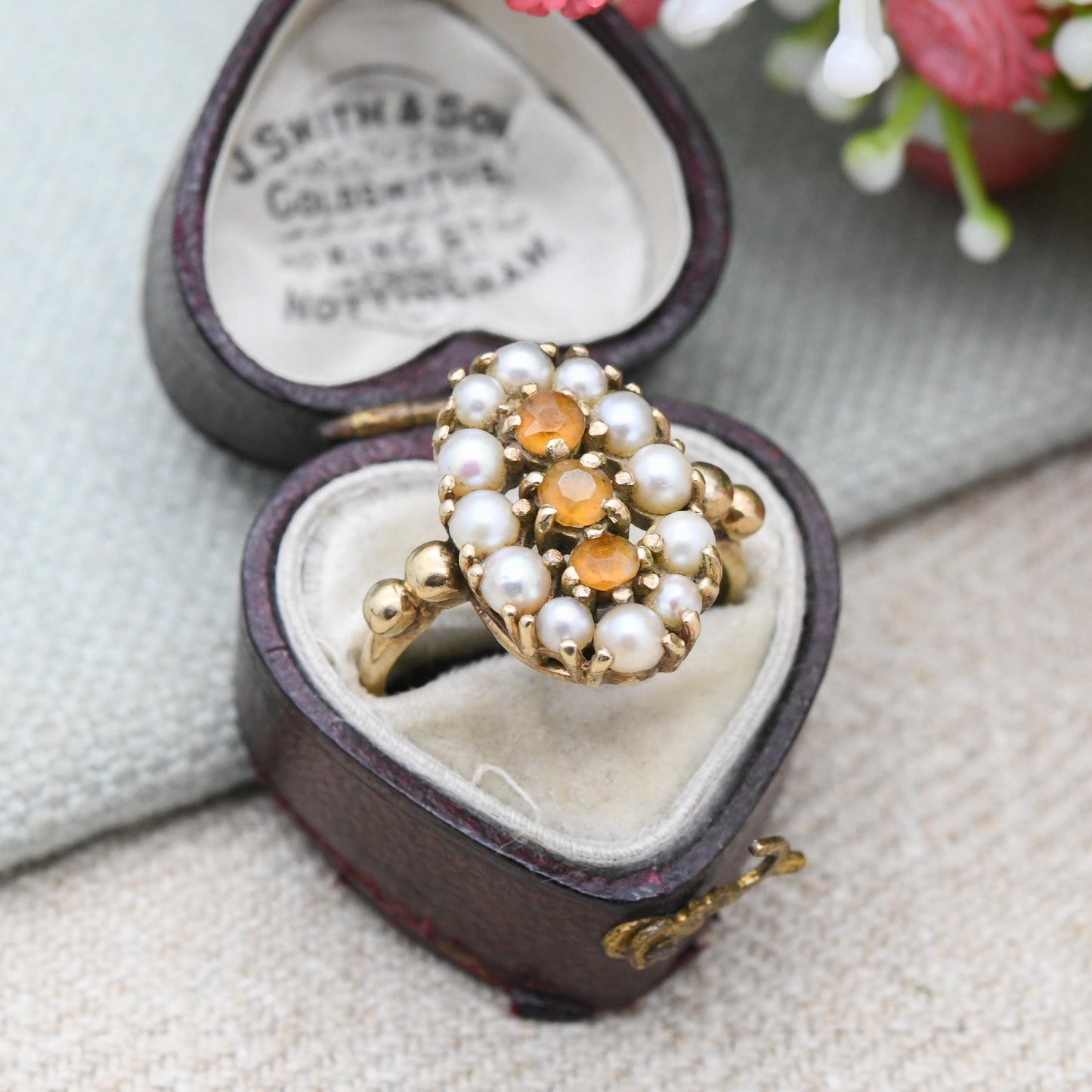 Vintage 9ct Gold Citrine and Pearl Statement Cluster Ring 2003 - Mid-Century Victorian Revival Antique Style | UK Size - 0 | US Size - 7 1/4