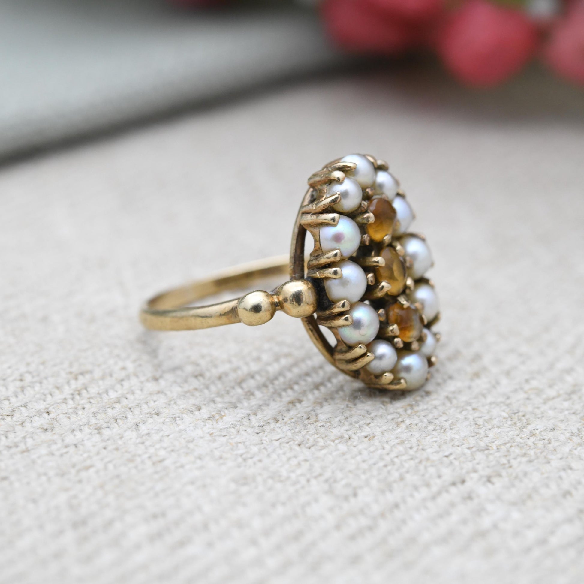 Vintage 9ct Gold Citrine and Pearl Statement Cluster Ring 2003 - Mid-Century Victorian Revival Antique Style | UK Size - 0 | US Size - 7 1/4