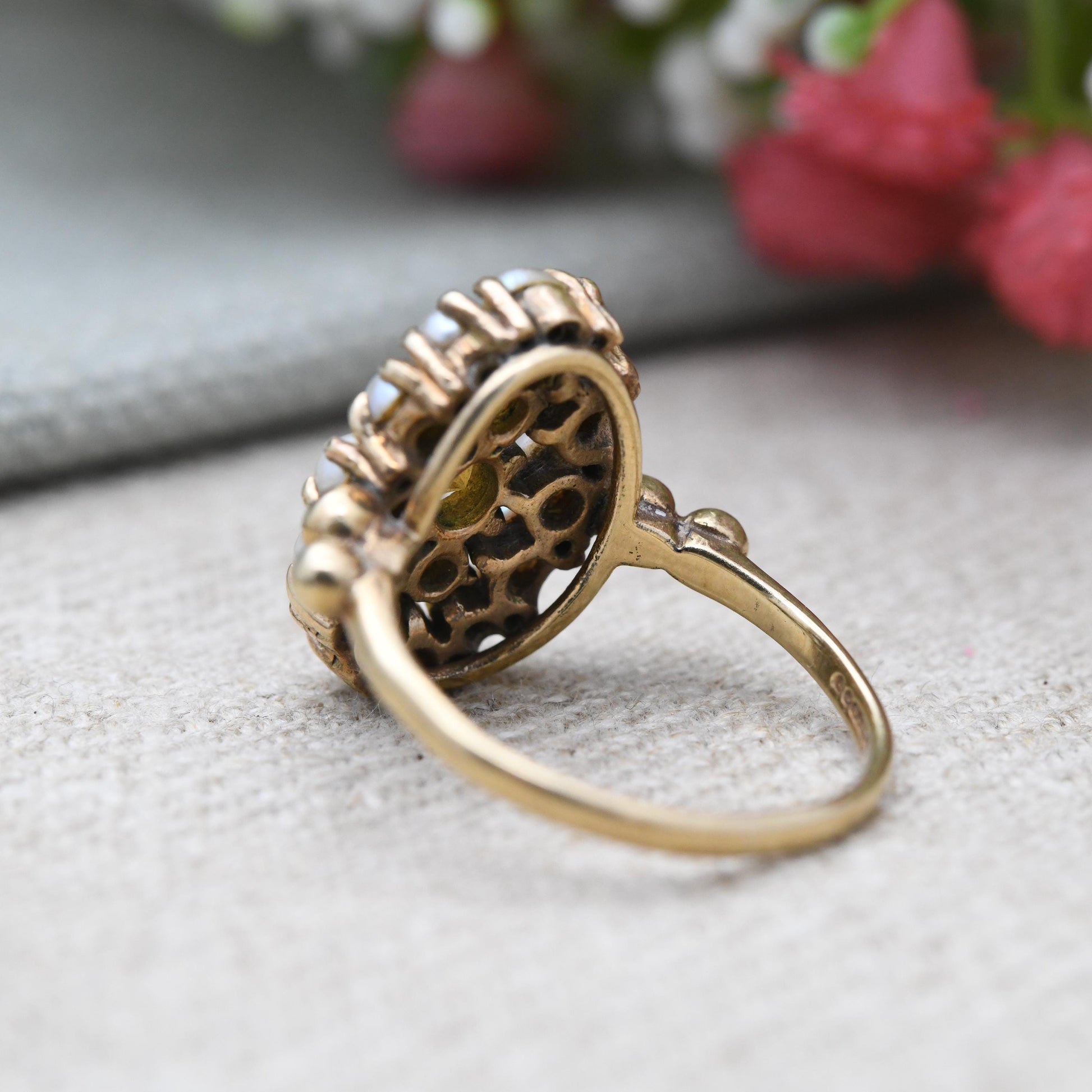 Vintage 9ct Gold Citrine and Pearl Statement Cluster Ring 2003 - Mid-Century Victorian Revival Antique Style | UK Size - 0 | US Size - 7 1/4