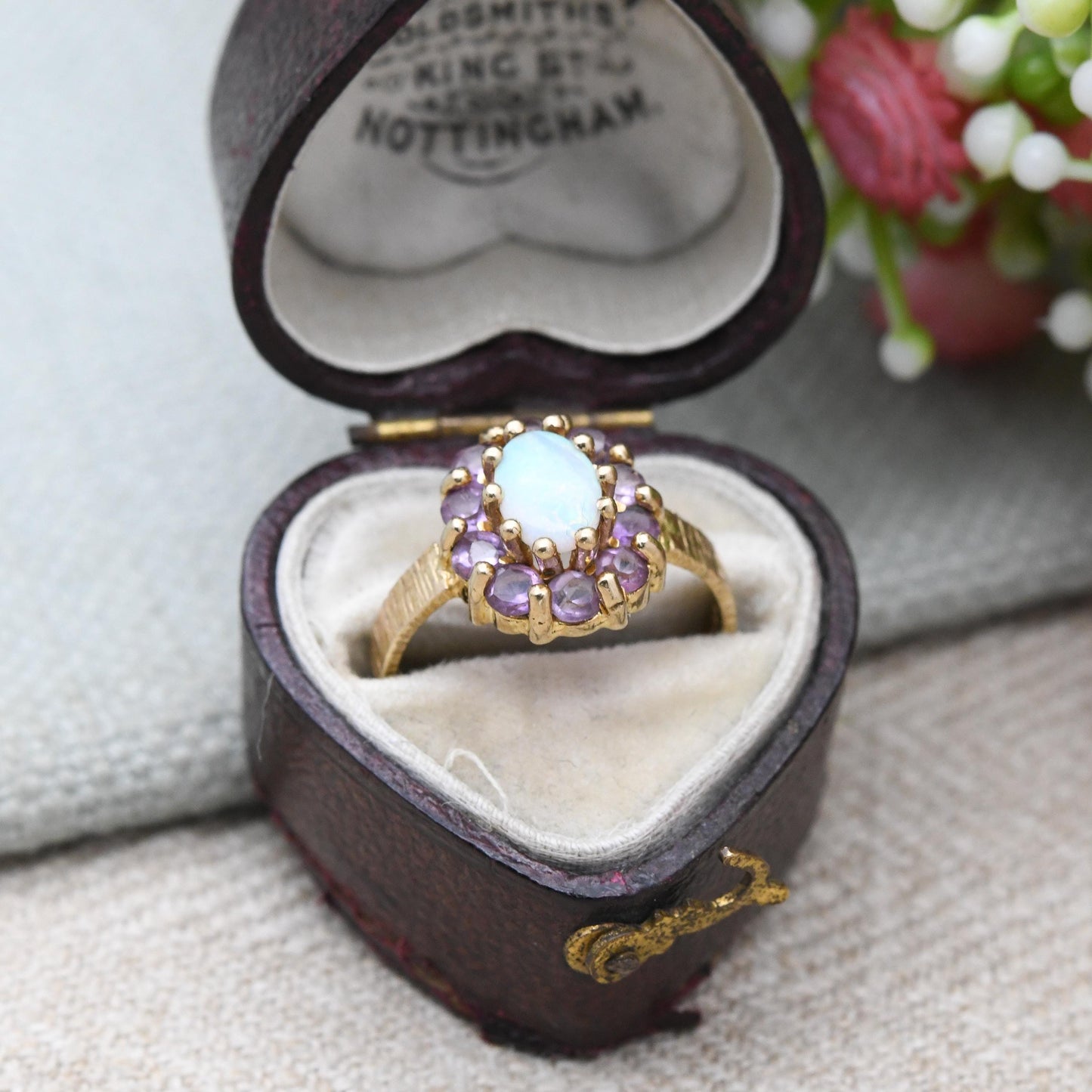 Vintage 9ct Gold Opal Amethyst Floral Cluster Ring 1975 - Pretty Mid-Century Flower Ring with Purple Halo | UK Size - K 1/2 | US Size 5 3/4