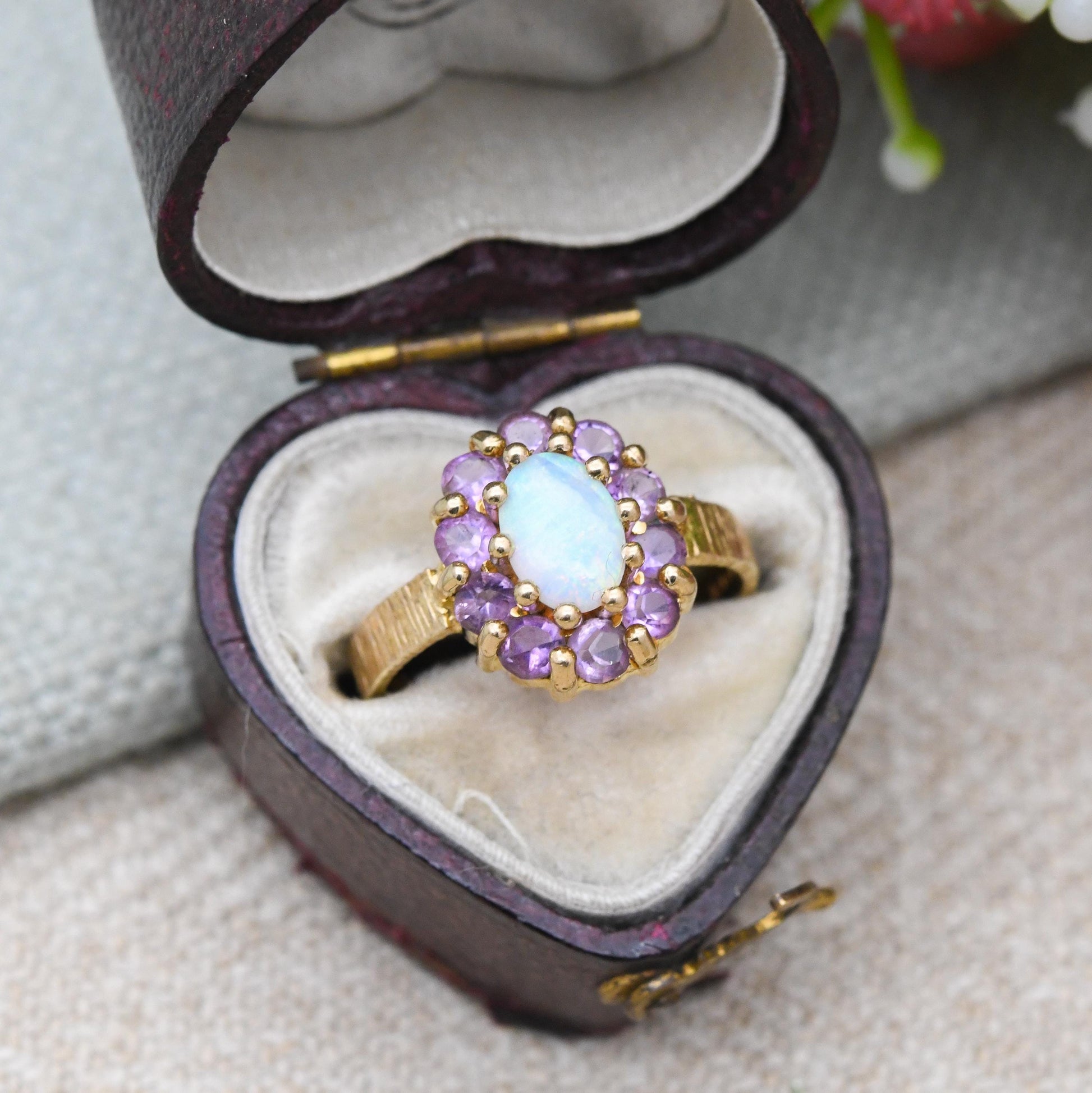 Vintage 9ct Gold Opal Amethyst Floral Cluster Ring 1975 - Pretty Mid-Century Flower Ring with Purple Halo | UK Size - K 1/2 | US Size 5 3/4